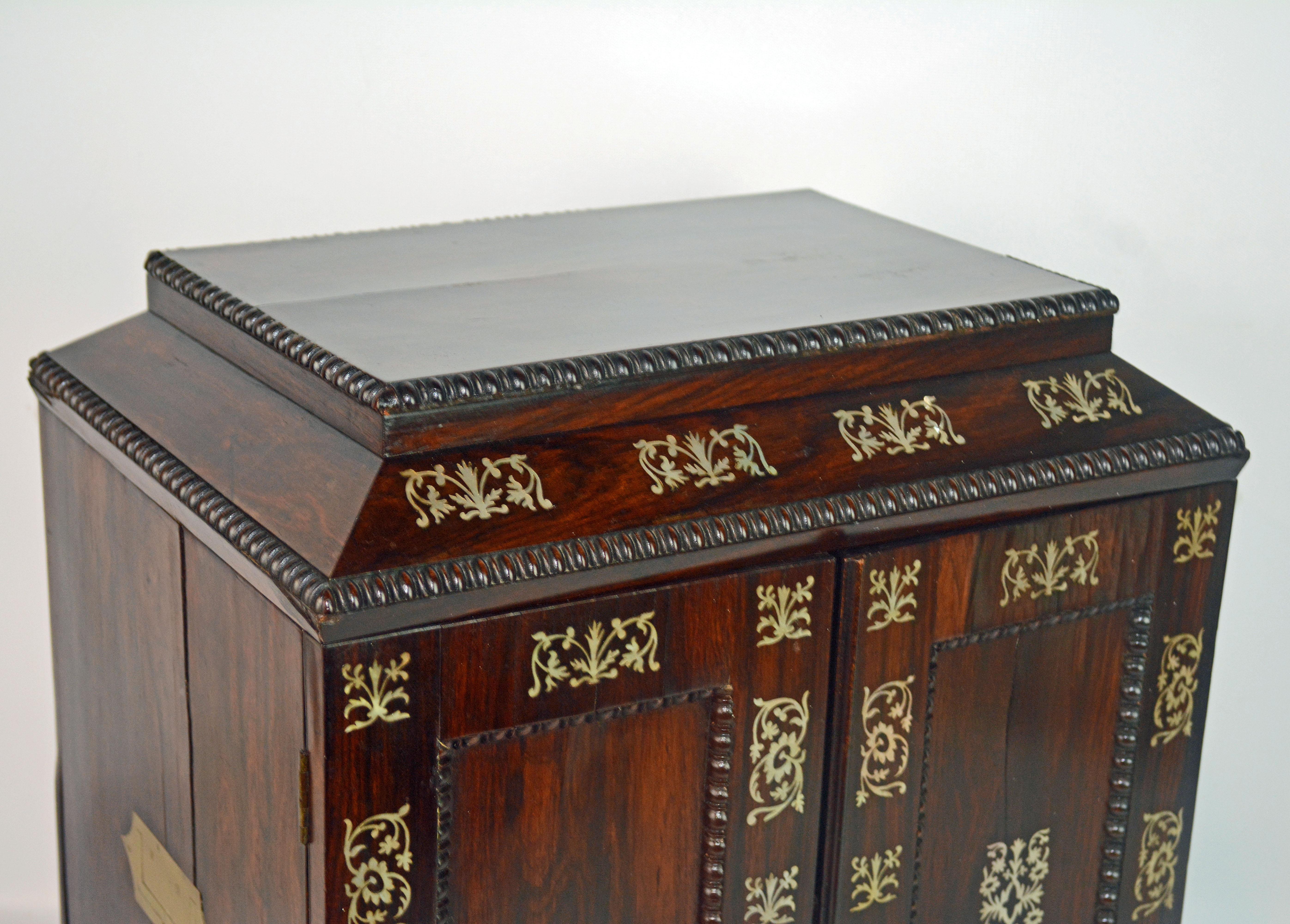 Veneer English Rosewood and Mother of Pearl Inlay Collector's Table Cabinet