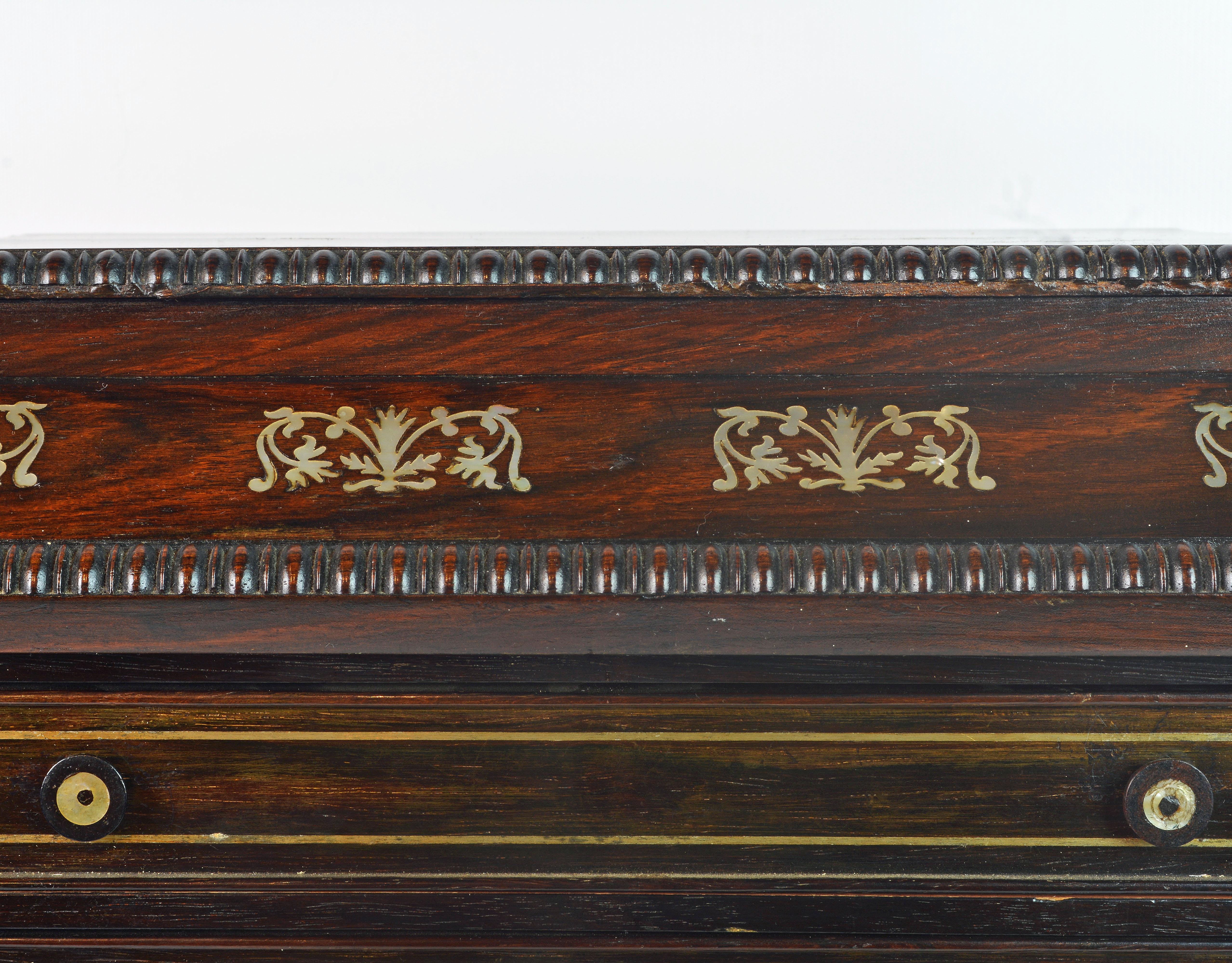 Brass English Rosewood and Mother of Pearl Inlay Collector's Table Cabinet