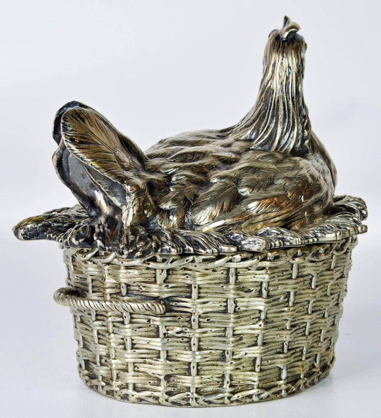 Victorian 19th Century English Silver Plate Hen on Nest & Basket Egg Server, G. R. Collis