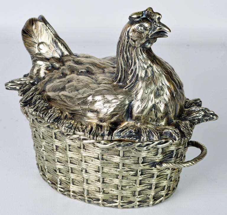 19th Century English Silver Plate Hen on Nest & Basket Egg Server, G. R. Collis In Good Condition In Ft. Lauderdale, FL