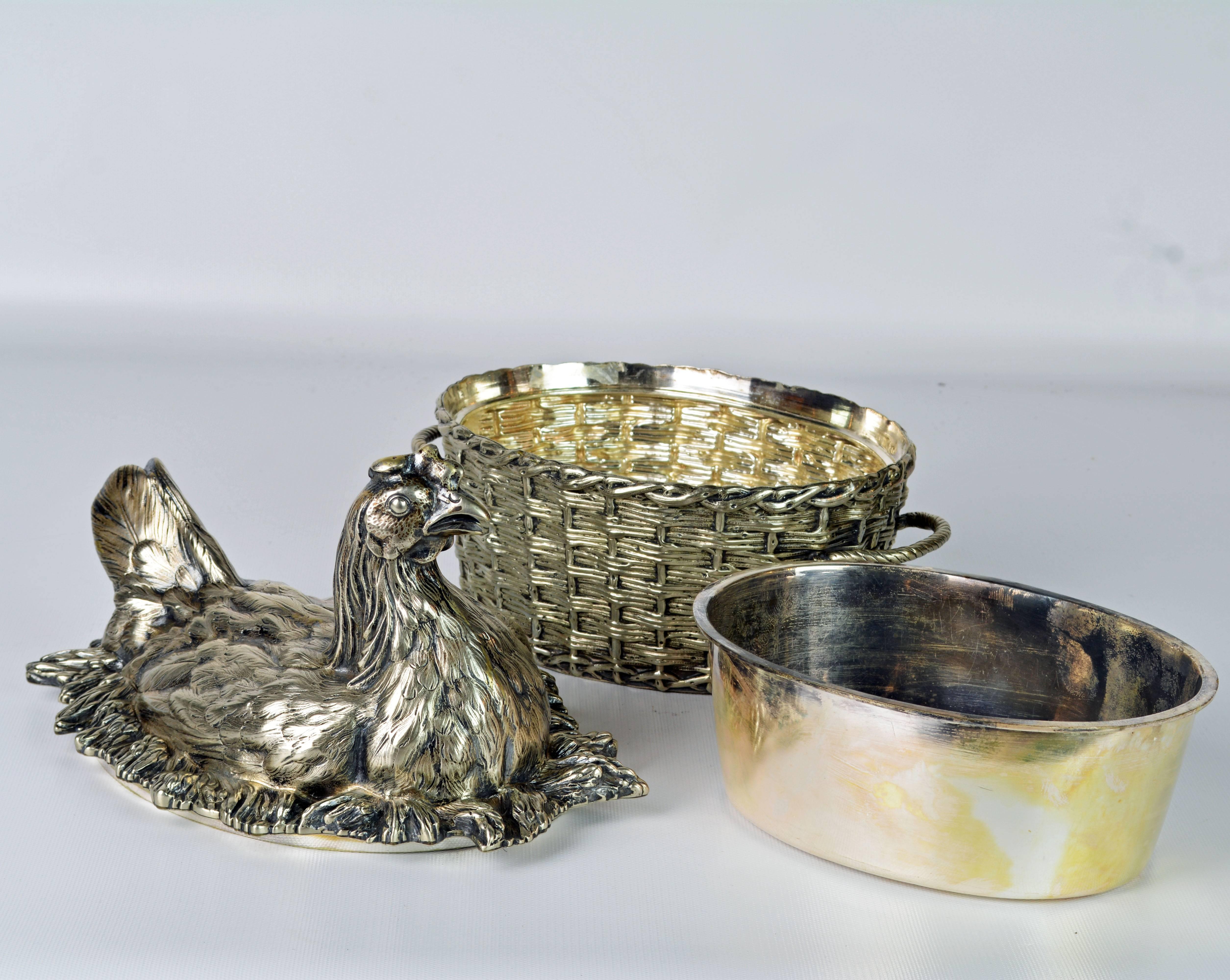 19th Century English Silver Plate Hen on Nest & Basket Egg Server, G. R. Collis 1