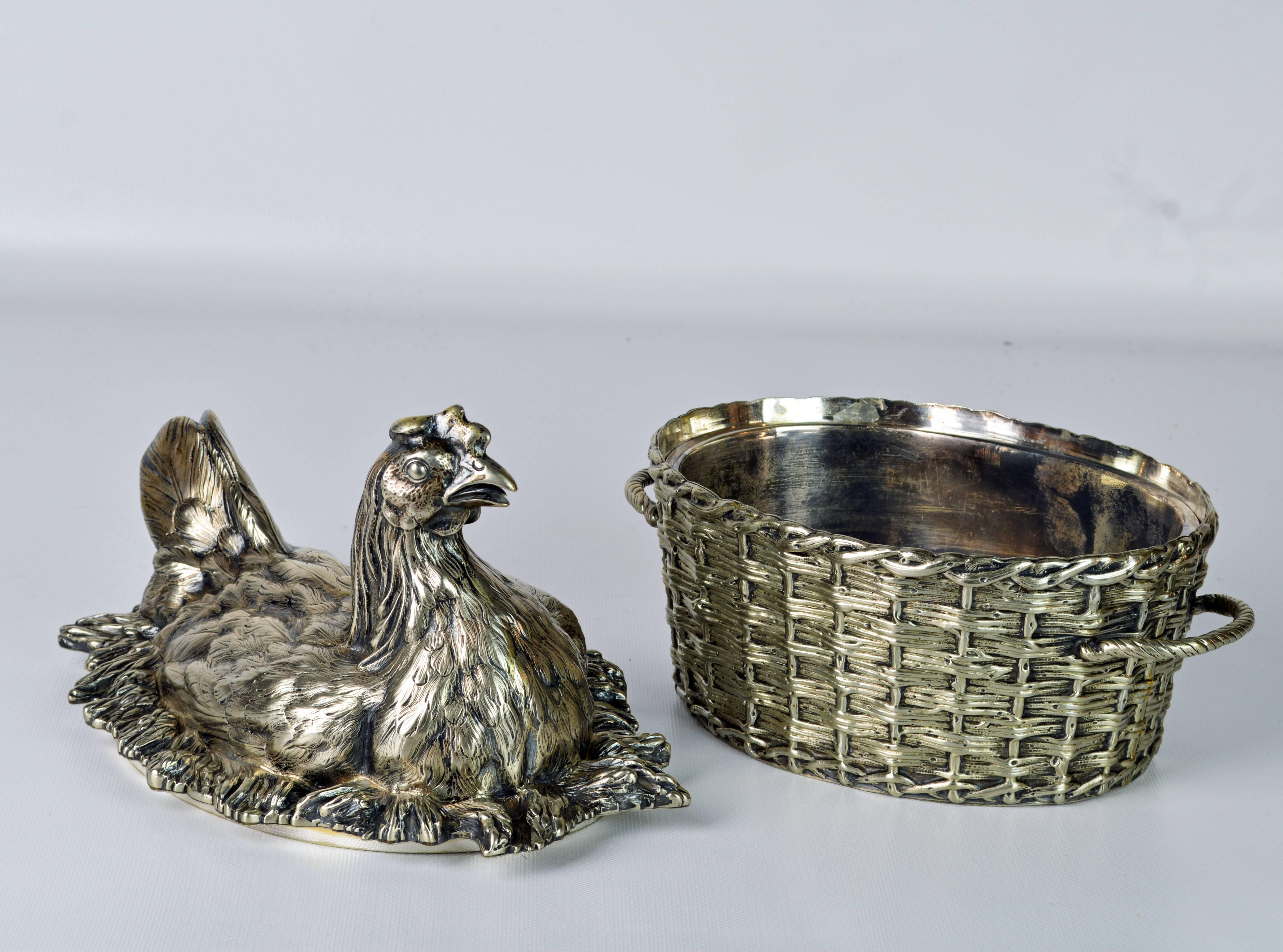 19th Century English Silver Plate Hen on Nest & Basket Egg Server, G. R. Collis 2