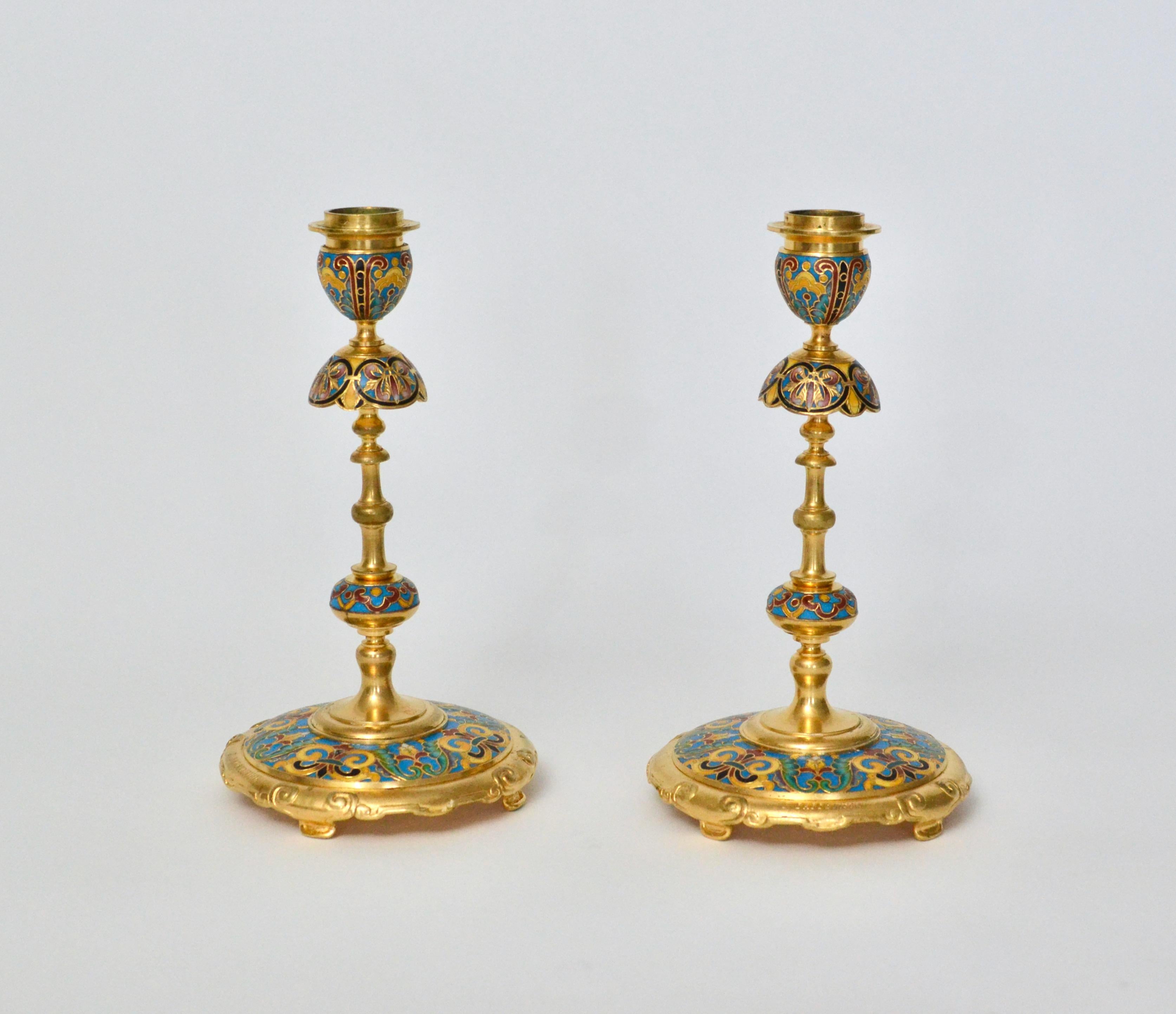 19th Century F. Barbedienne Bronze Champlevé Enamel Candlesticks  In Good Condition For Sale In Stockholm, SE