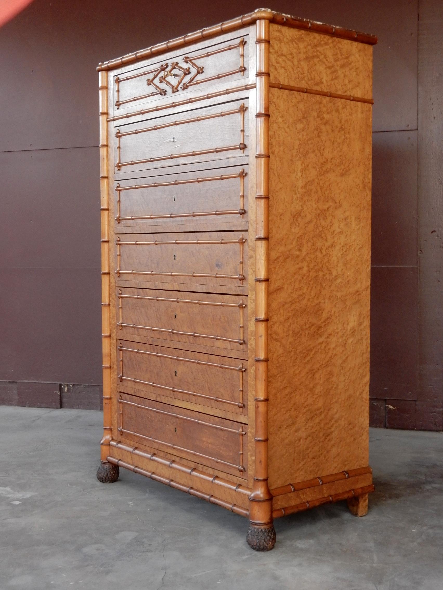 19th Century French Colonial Faux-Bamboo and Burl Wood Semainier Commode Chest 7