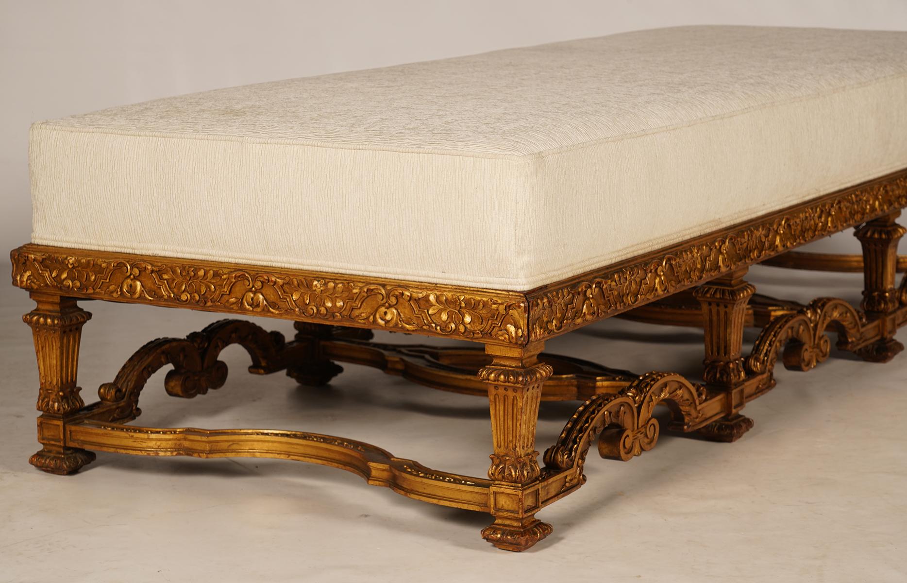 Fabric 19th Century French Louis XIV Style Carved Giltwood Bench with Mint Upholstery