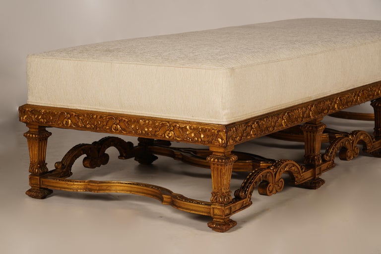 19th Century French Louis XIV Style Carved Giltwood Bench with Mint Upholstery 1