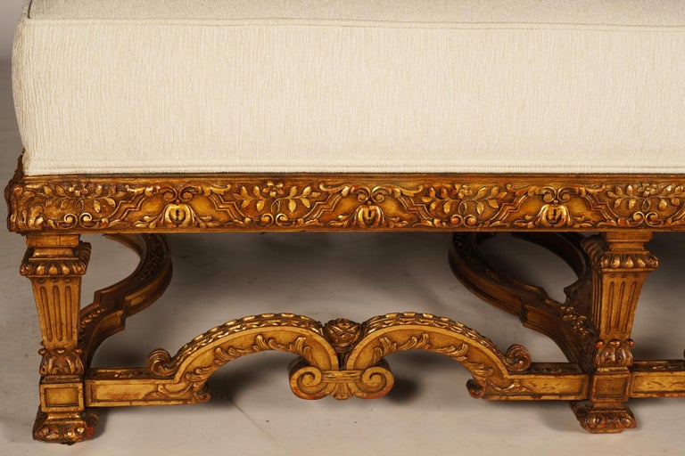 19th Century French Louis XIV Style Carved Giltwood Bench with Mint Upholstery 3