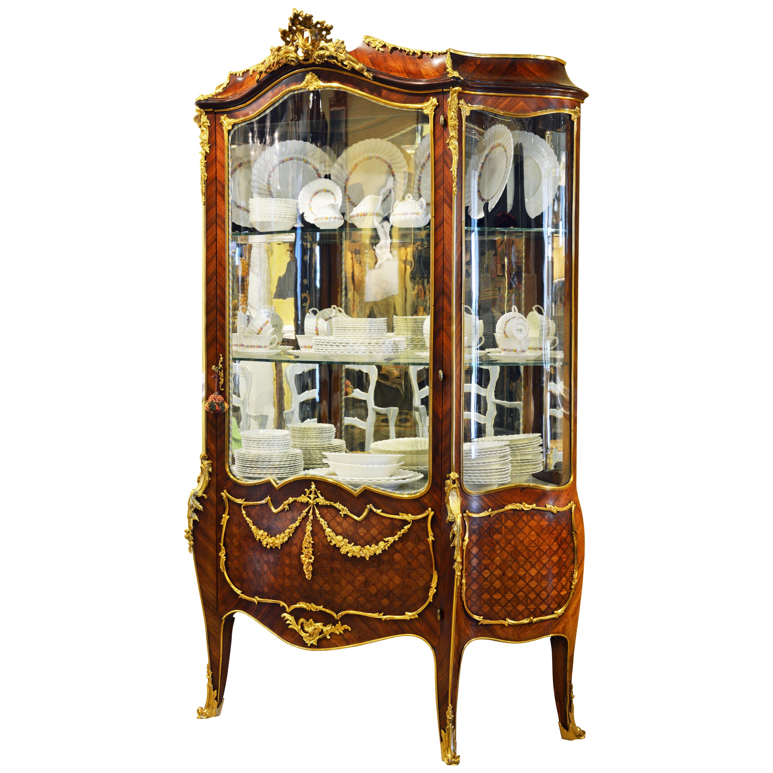 19th Century Louis XV Style Ormolu Mounted Parquetry Vernis Martin Vitrine