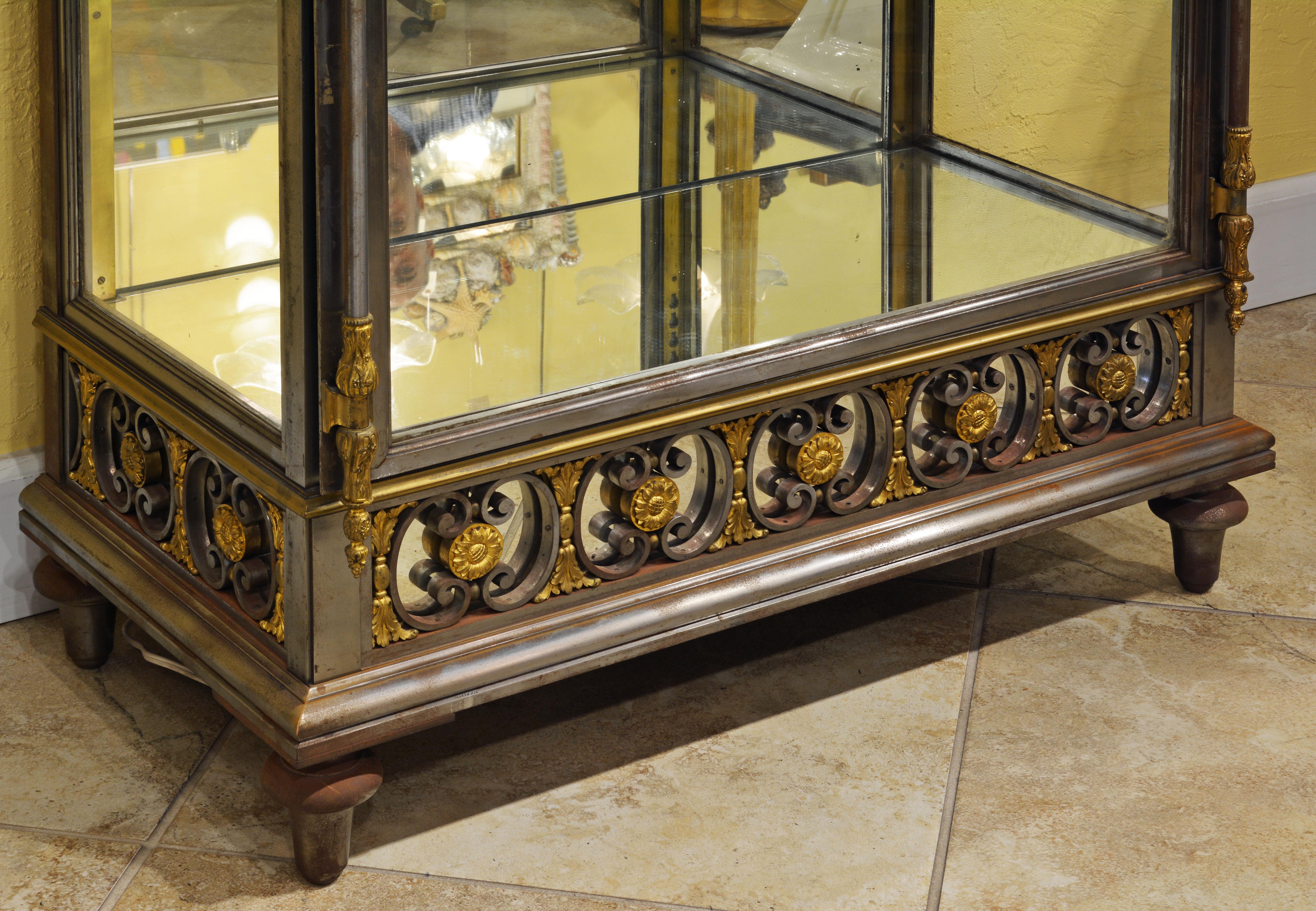 A rare French late 19th century neoclassical gilt bronze, patinated bronze, brushed steel and glass curio cabinet or vitrine combining greco-roman and Louis XVI design elements. The door opens up to an interior with shelves and mirrored back and
