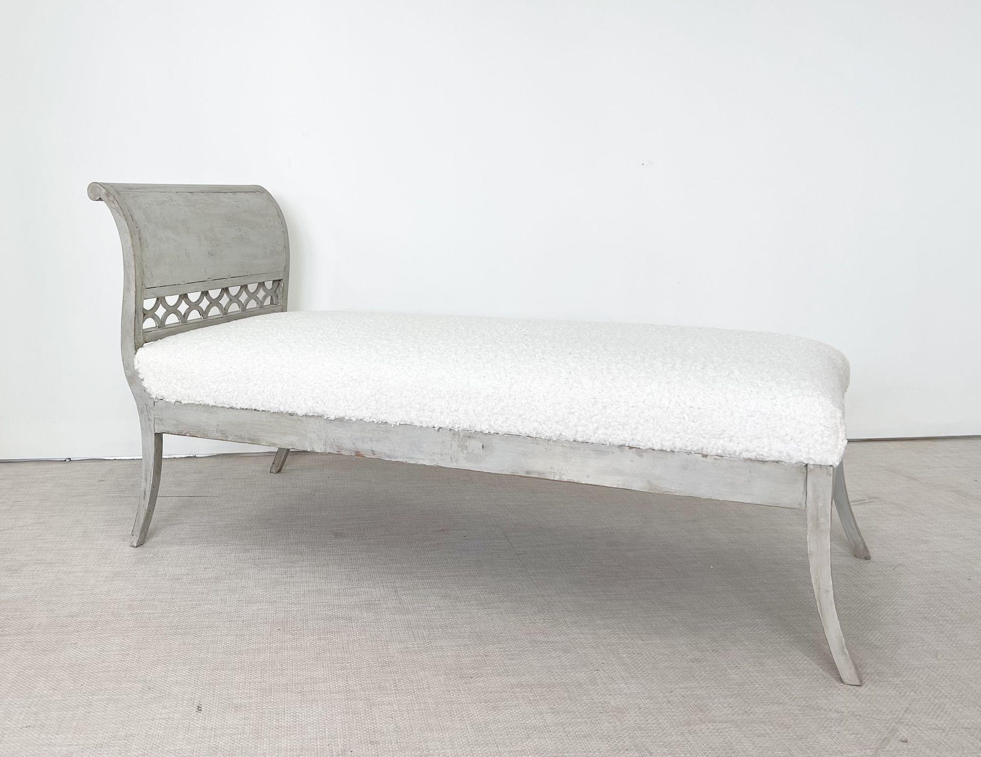 19th Cent Gustavian Daybed, Chaise, Swedish Paint Distressed, Sheepskin, Sweden 1