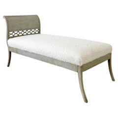 19th Cent Gustavian Daybed, Chaise, Swedish Paint Distressed, Sheepskin, Sweden