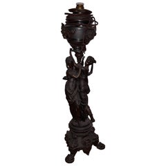 19th Century, Italy, Large Cast Metal Oil Table Lamp, Female Figures