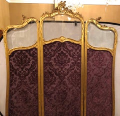 19th Century Louis XV, Giltwood Three Fold Screen with Original Glass Panels