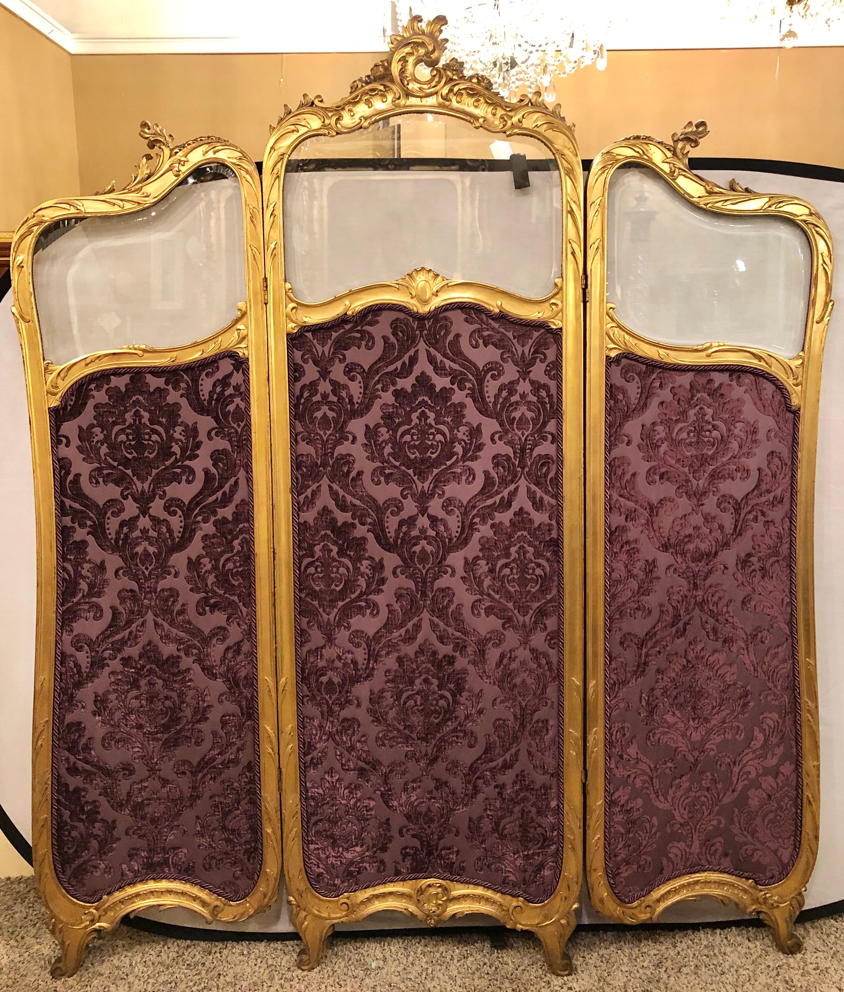 European 19th Century Louis XV, Giltwood Three Fold Screen with Original Glass Panels 