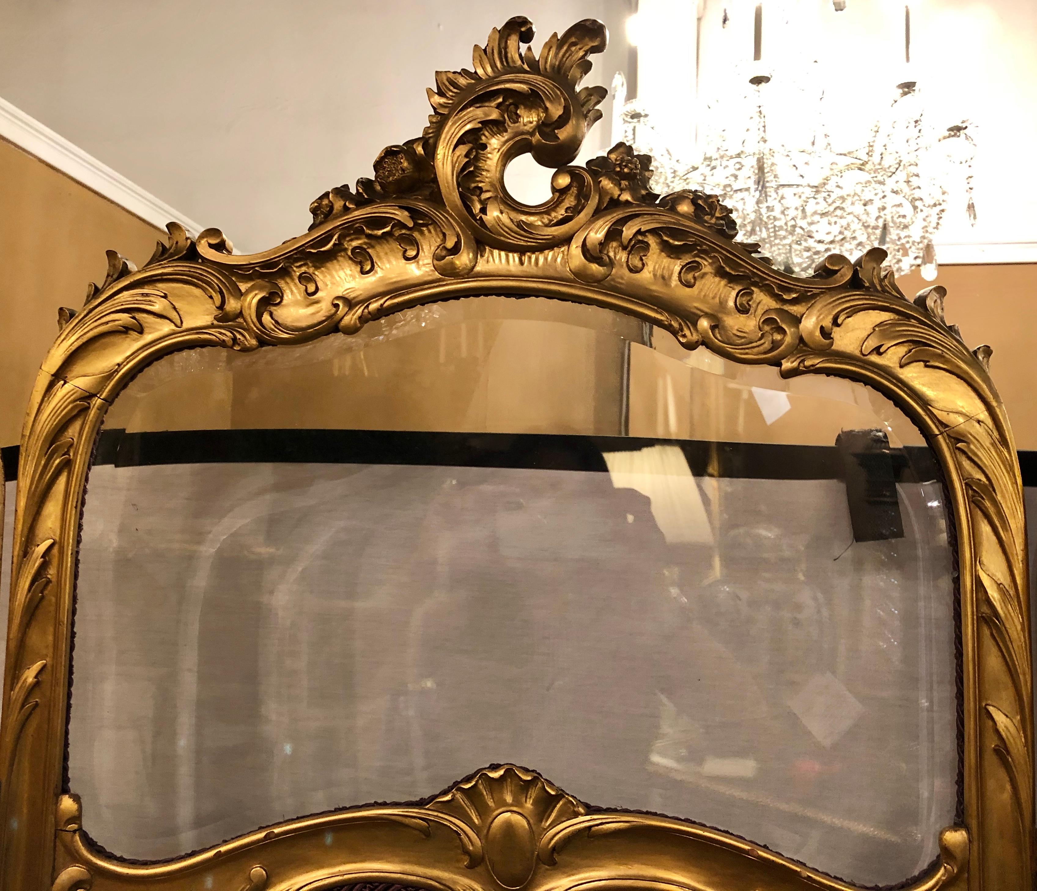 19th Century Louis XV, Giltwood Three Fold Screen with Original Glass Panels  2