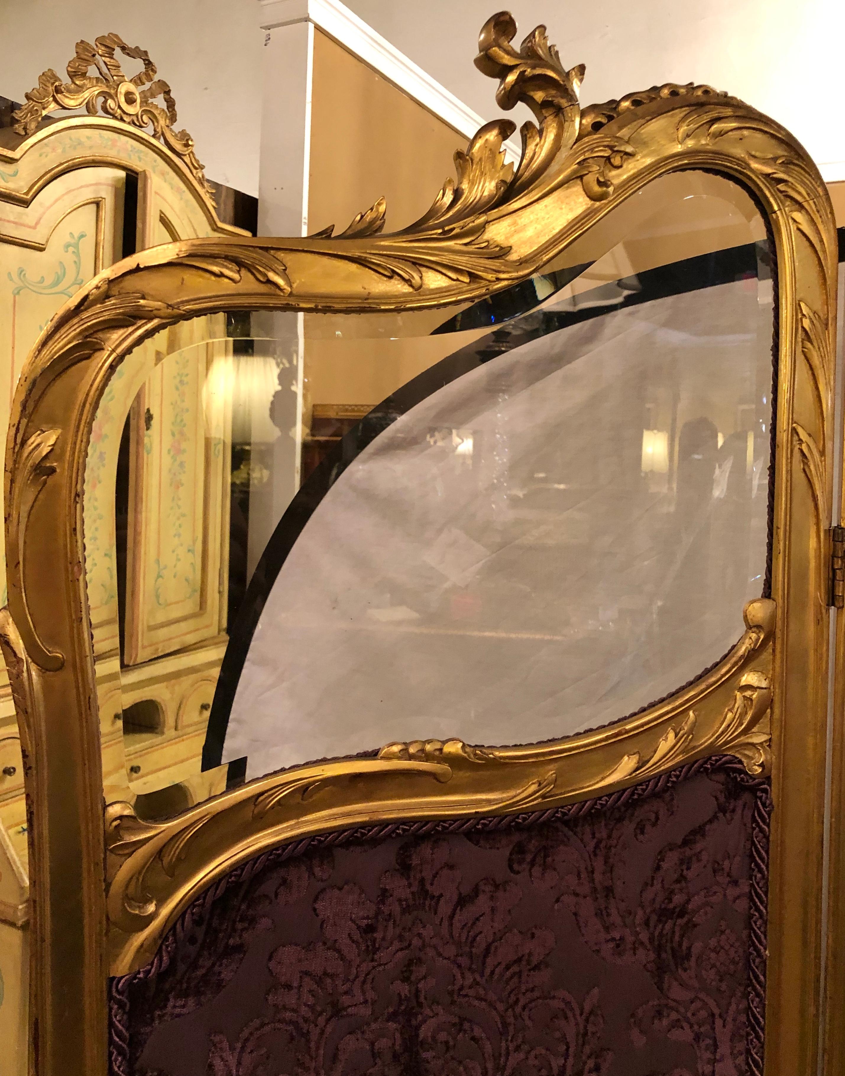 19th Century Louis XV, Giltwood Three Fold Screen with Original Glass Panels 4