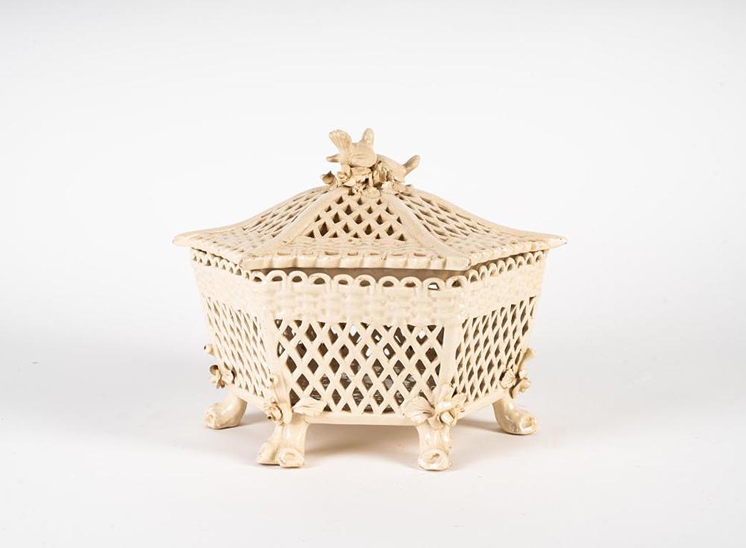 Romantic 19th Century Venetian Hexagonal Openwork Creamware Basket