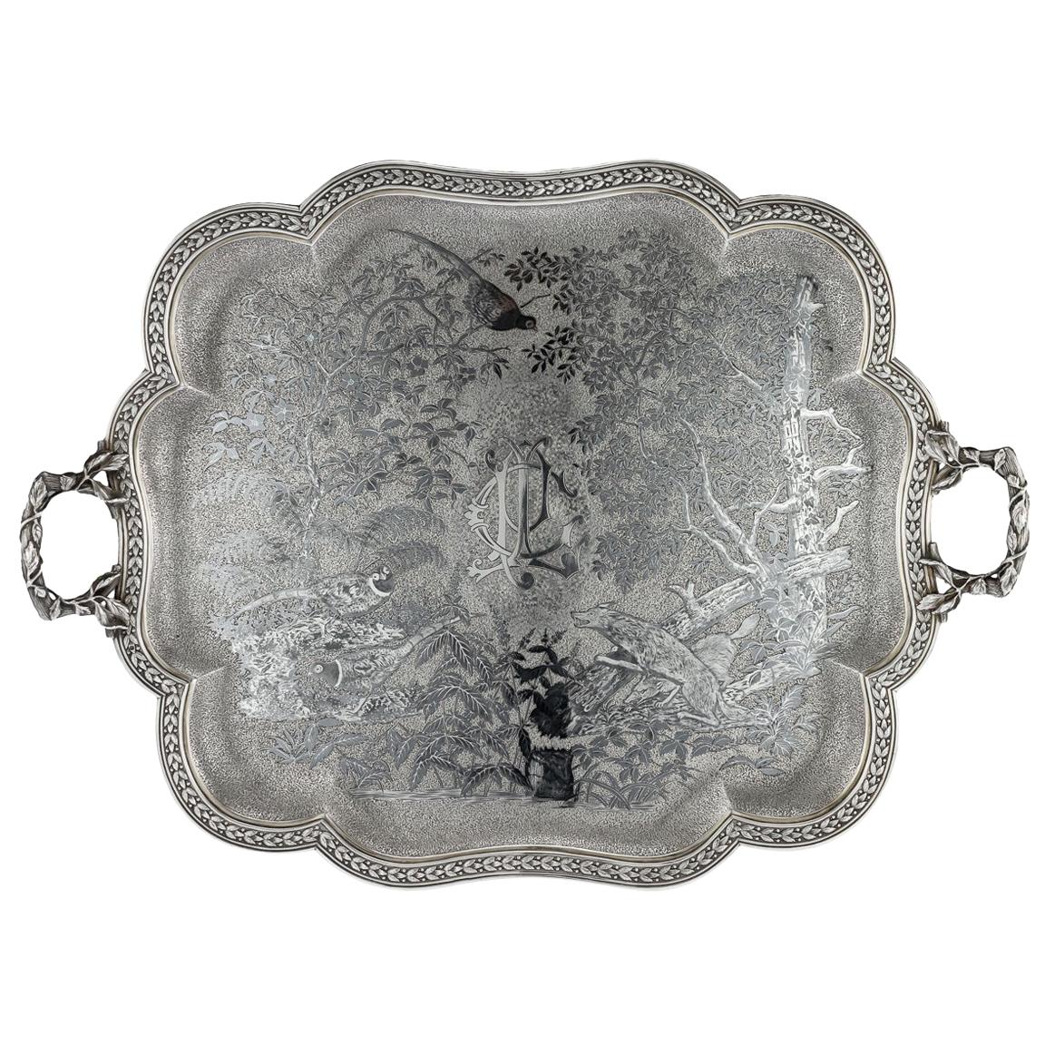19th Century French Solid Silver & Niello Serving Tray, circa 1870 For Sale