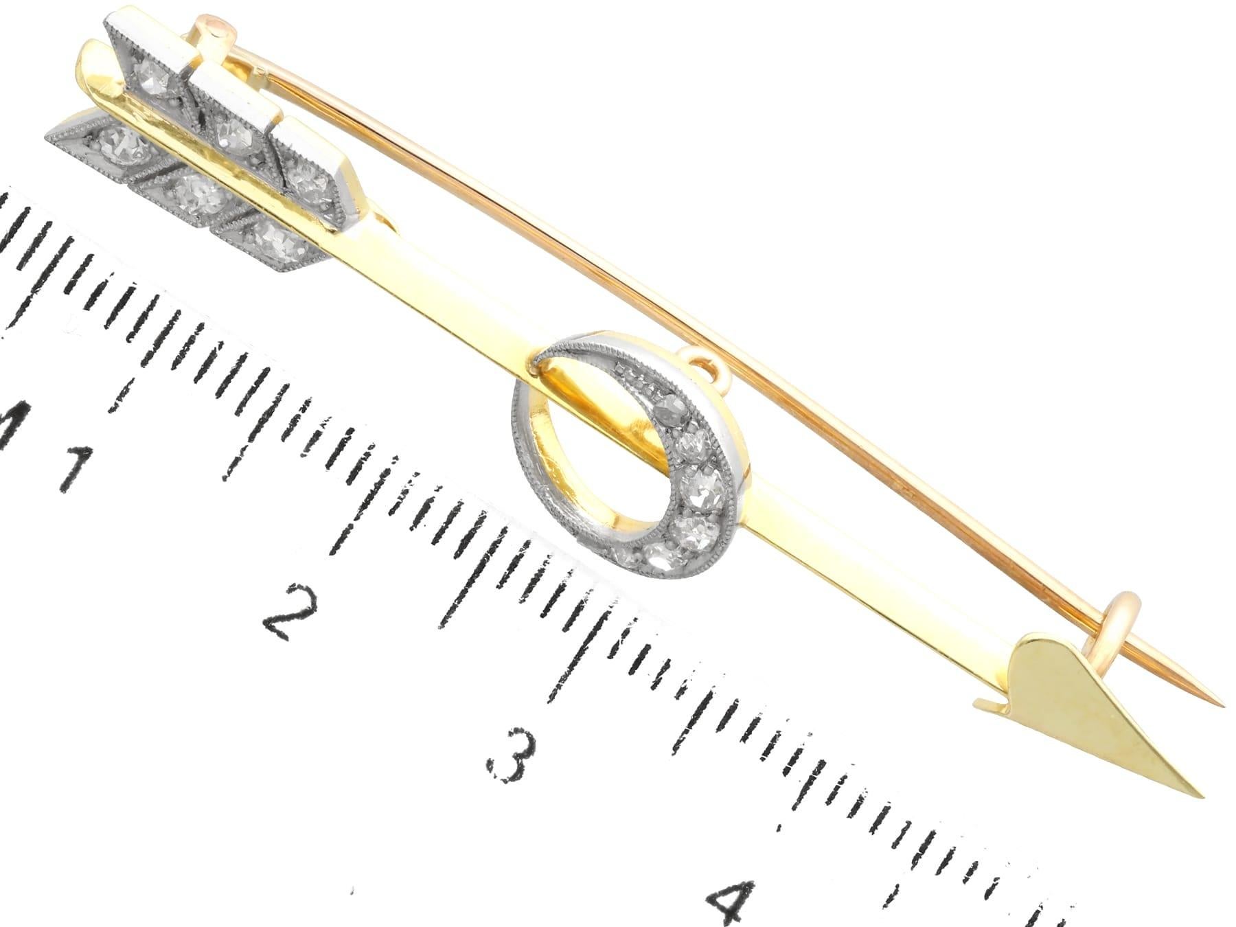 19th Century 0.29 Carat Diamond and 15K Yellow Gold Arrow Brooch  For Sale 1