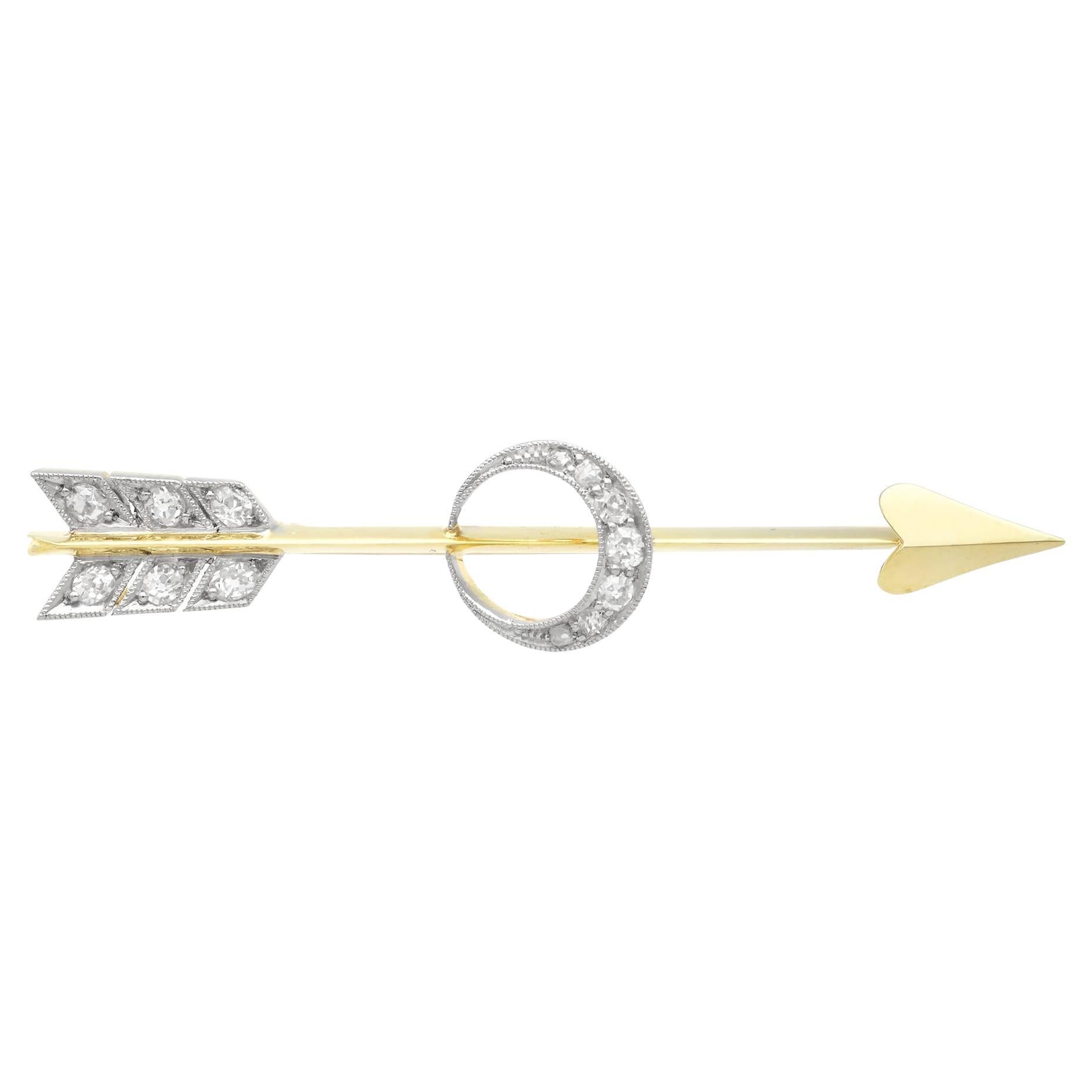 19th Century 0.29 Carat Diamond and 15K Yellow Gold Arrow Brooch  For Sale