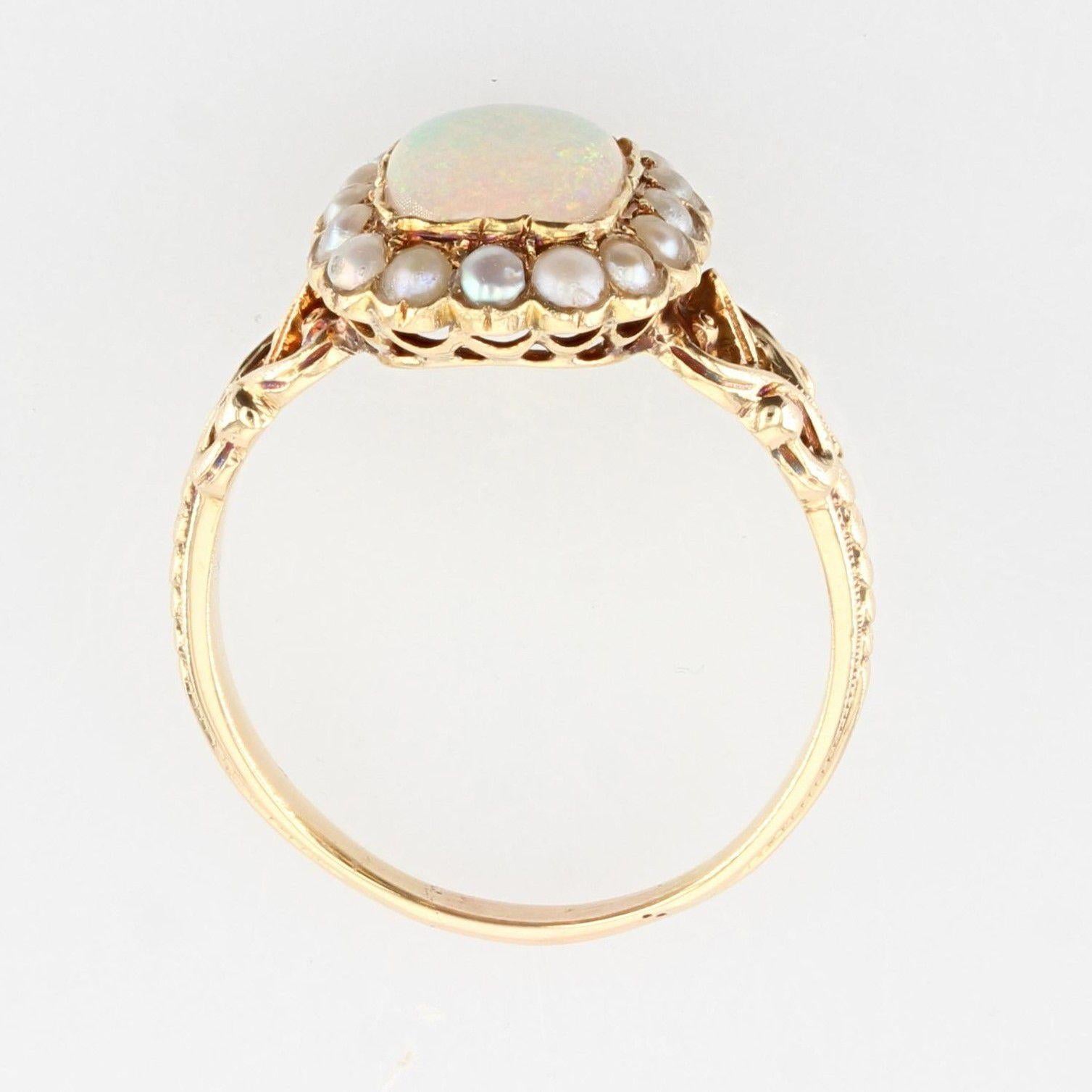 19th Century 0.79 Carat Opal Natural Pearls 18 Karat Yellow Gold Ring For Sale 5