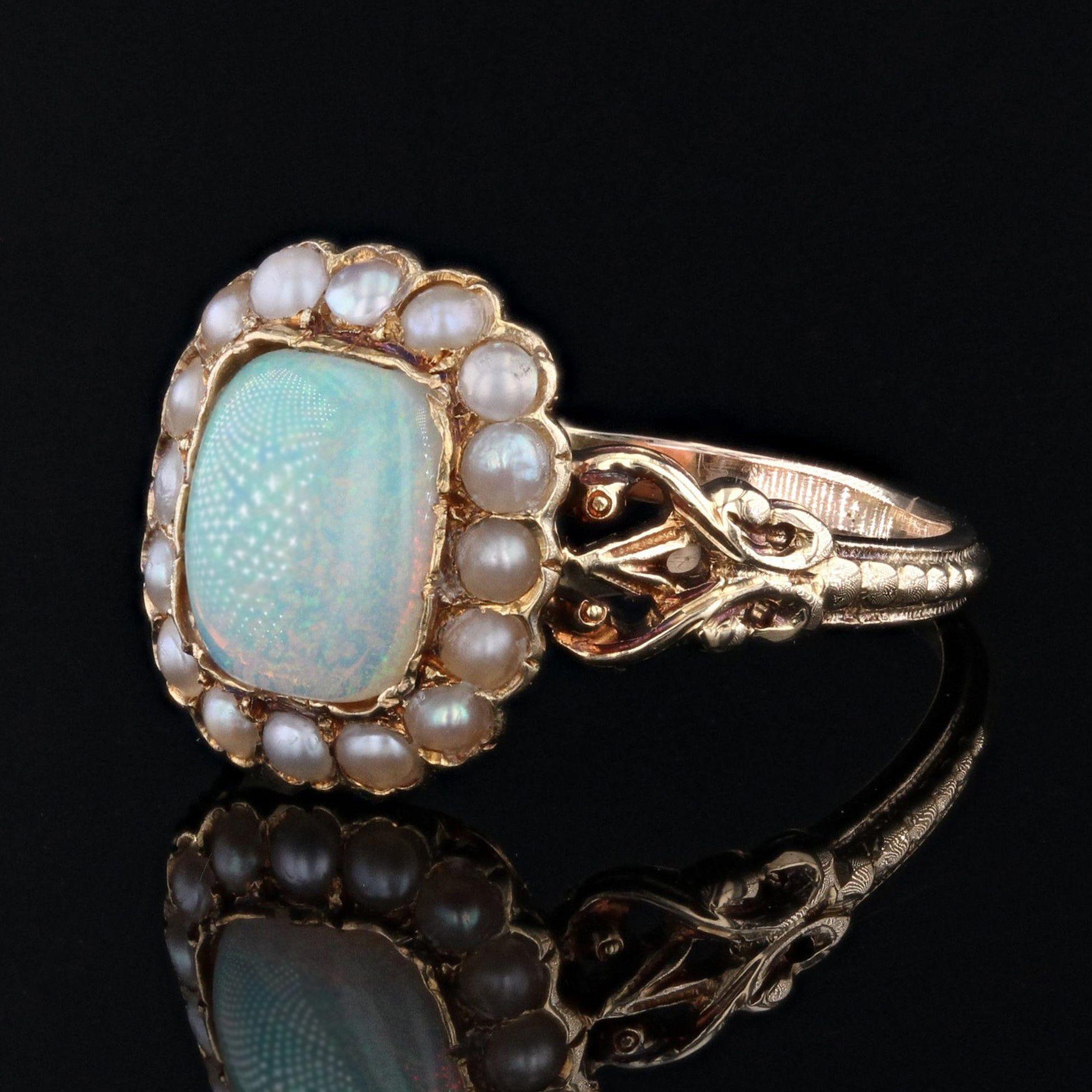 Napoleon III 19th Century 0.79 Carat Opal Natural Pearls 18 Karat Yellow Gold Ring For Sale