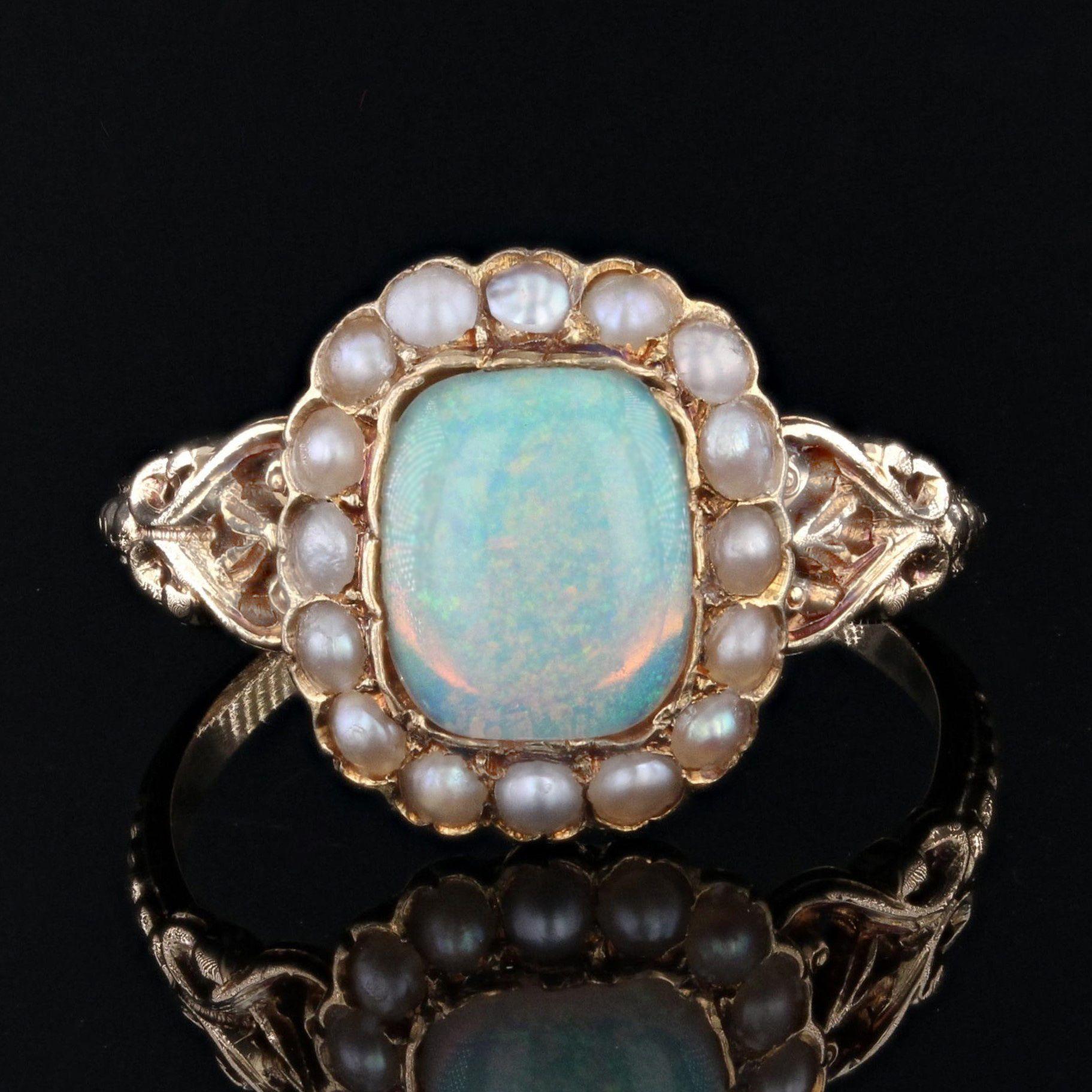 19th Century 0.79 Carat Opal Natural Pearls 18 Karat Yellow Gold Ring For Sale 1