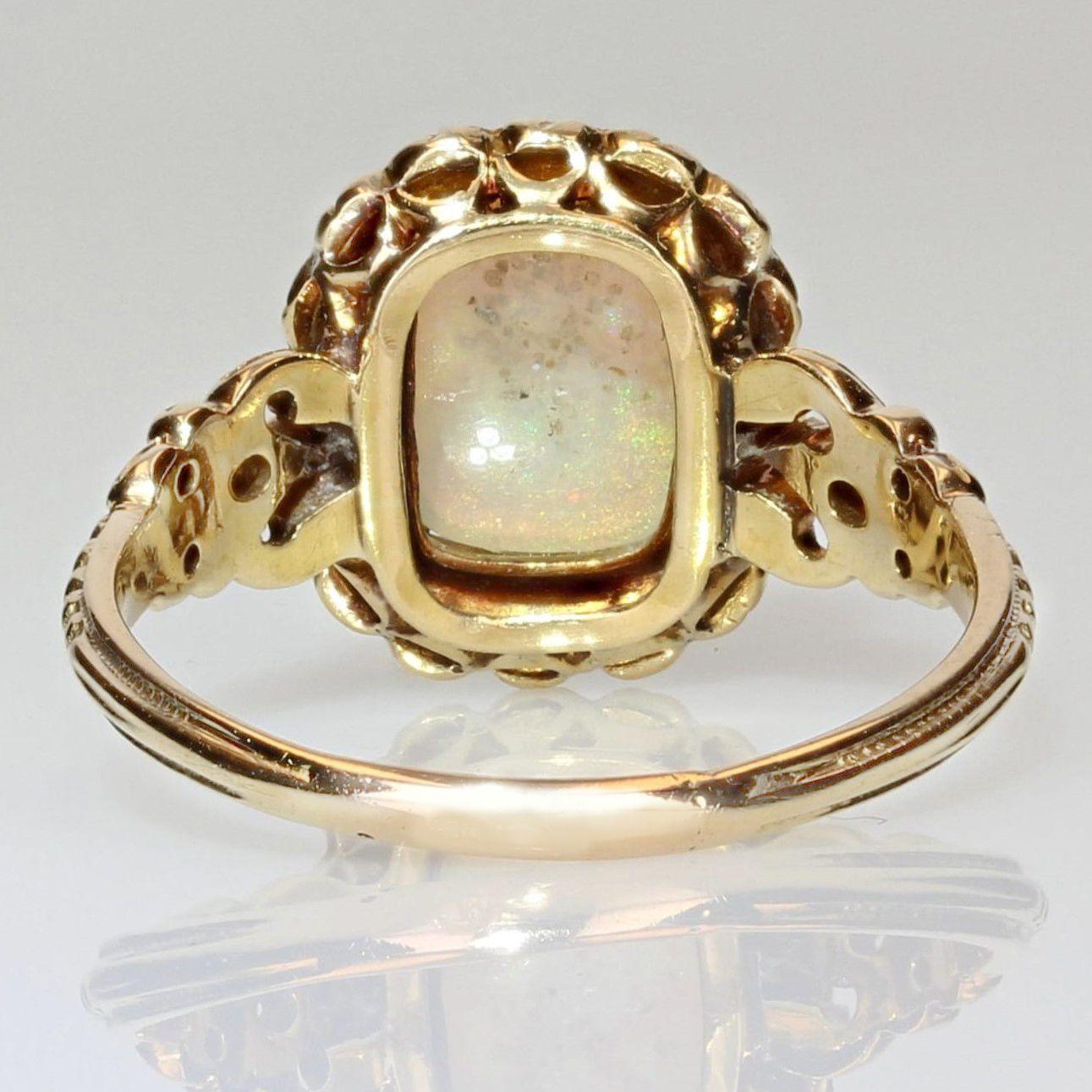 19th Century 0.79 Carat Opal Natural Pearls 18 Karat Yellow Gold Ring For Sale 3