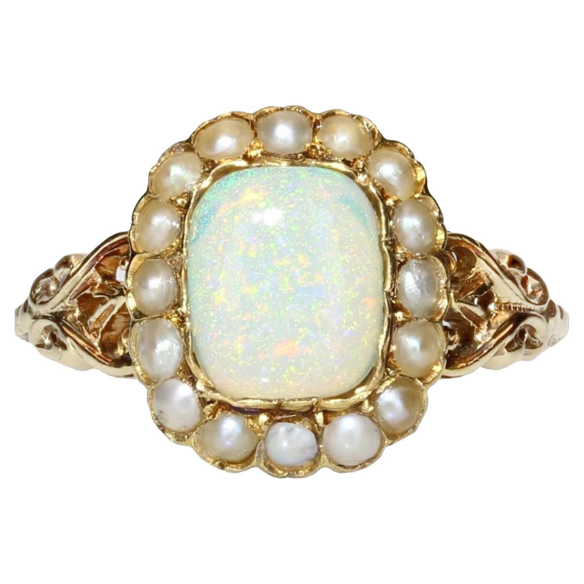19th Century 0.79 Carat Opal Natural Pearls 18 Karat Yellow Gold Ring