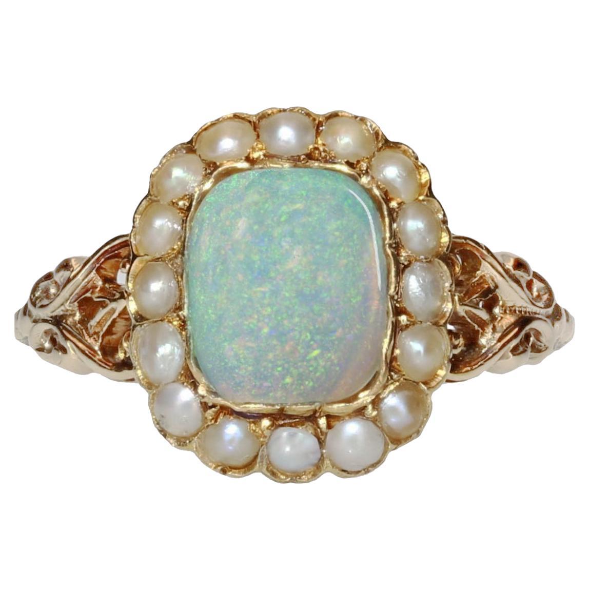 19th Century 0.79 Carat Opal Natural Pearls 18 Karat Yellow Gold Ring For Sale