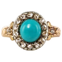 Antique 19th Century 0.90 Carat Turquoise Diamonds 18 Karat Yellow Gold Silver Ring