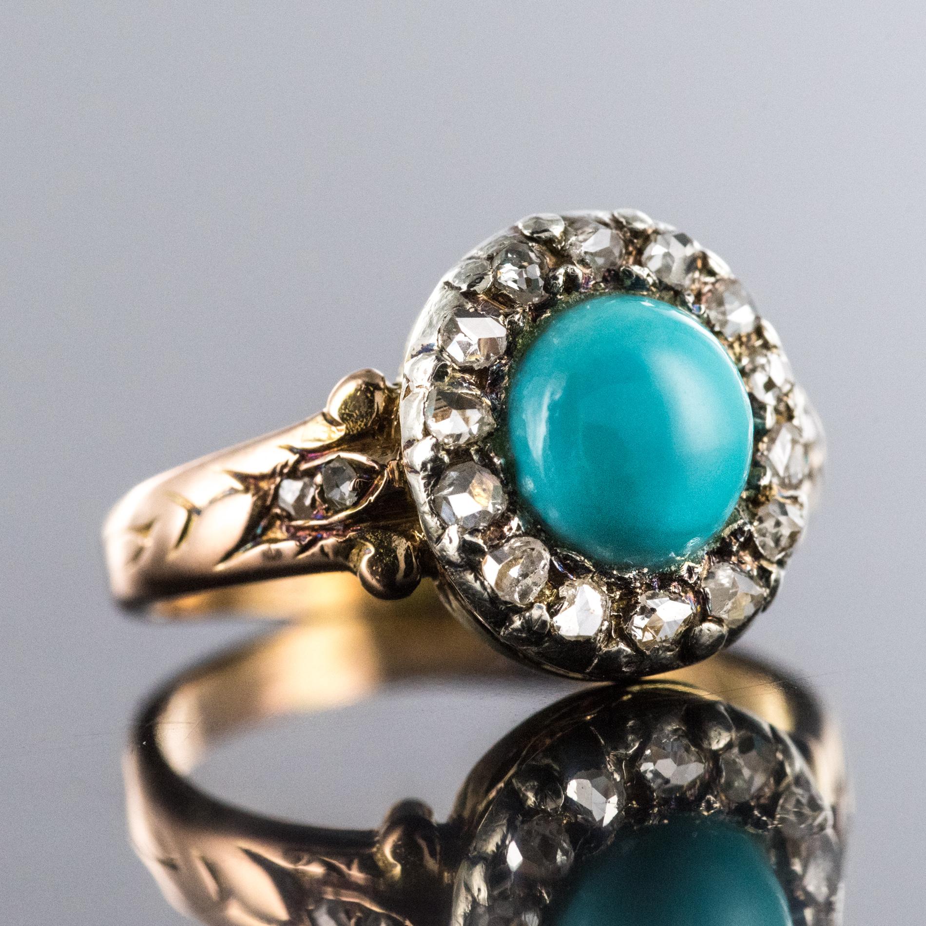 19th Century 0.90 Carat Turquoise Diamonds 18 Karat Yellow Gold Silver Ring In Good Condition In Poitiers, FR