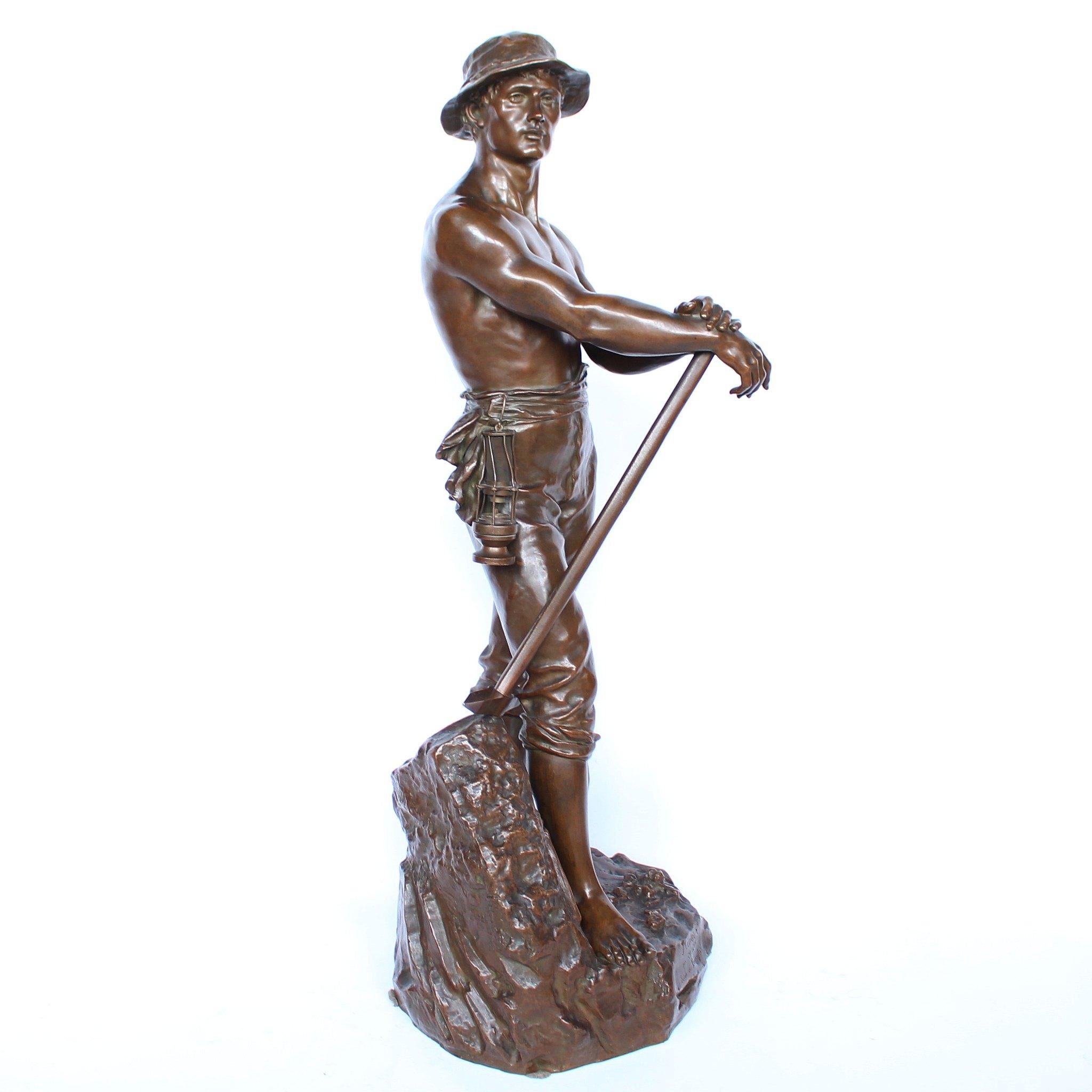 Polished 19th Century 1 Metre Tall Bronze Sculpture of a Bare Chested Man, France 1890