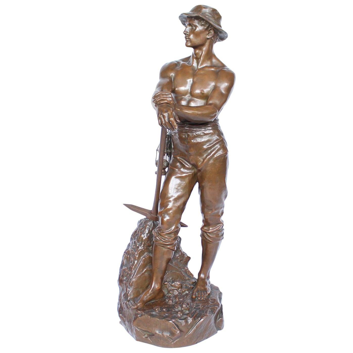19th Century 1 Metre Tall Bronze Sculpture of a Bare Chested Man, France 1890