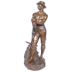 Antique 19th Century 1 Metre Tall Bronze Sculpture of a Bare Chested Man, France 1890