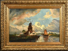 Peinture à l'huile néerlandaise ancienne - Moulin à vent sous skis inclinés - Grand cadre doré