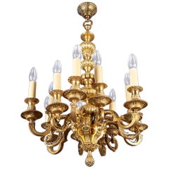 19th Century 12-Arm Brass and Gilded Bronze Candle Chandelier, Electrified