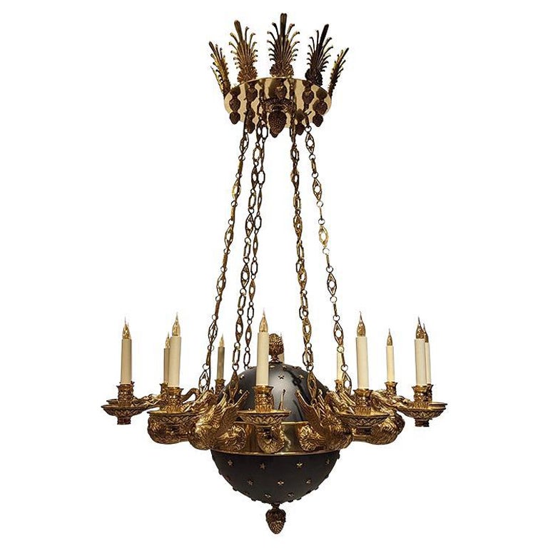 19th Century 12 arms Cygne Chandelier black and antique bronze For Sale