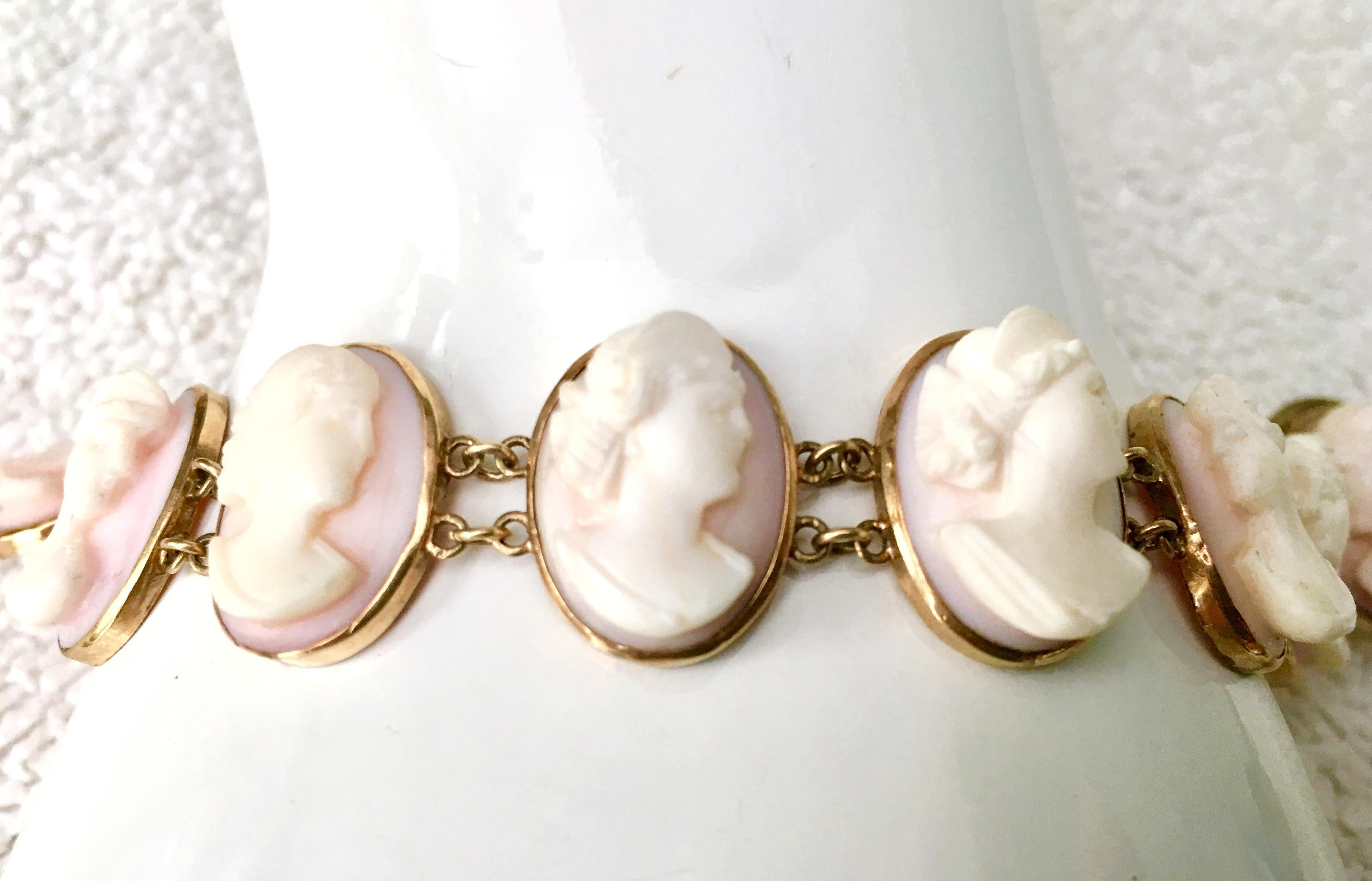 Late Victorian 19th Century 12K Gold & Pink Carved Cameo Ten-Panel Bracelet