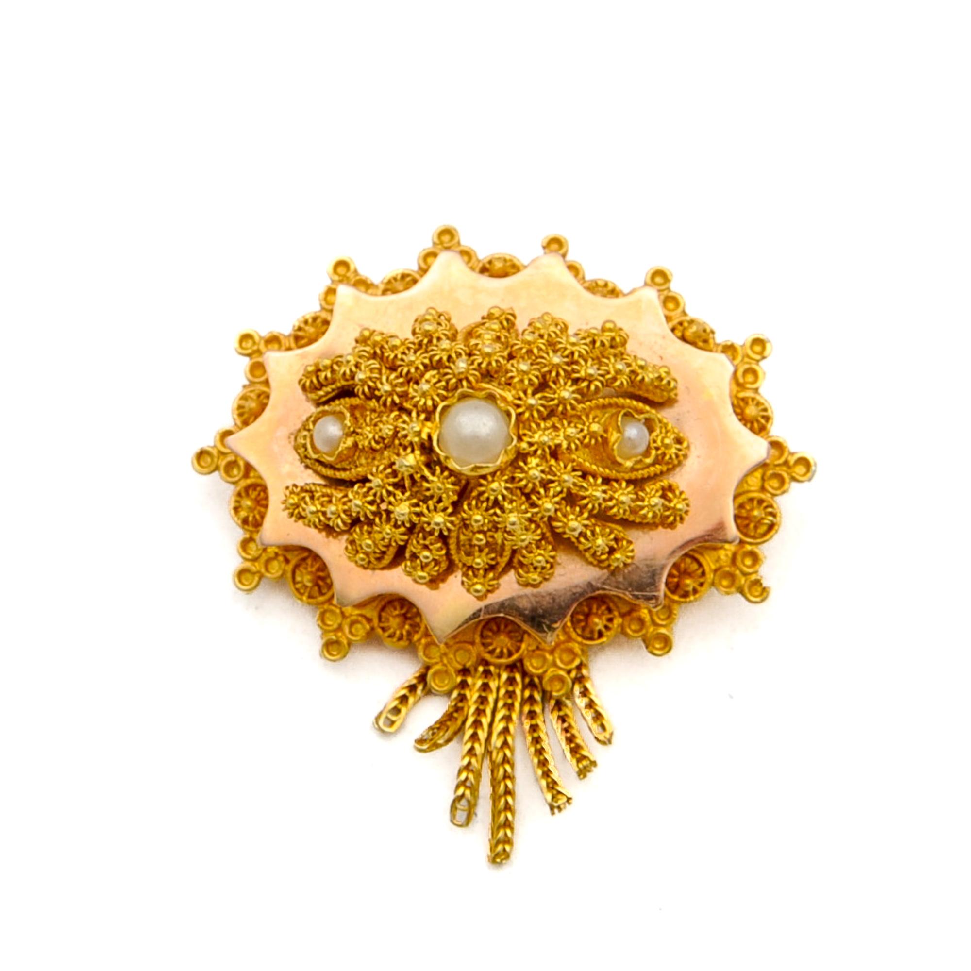 Late Victorian Antique 14 Karat Rose Gold Seed Pearl Tassel Brooch For Sale