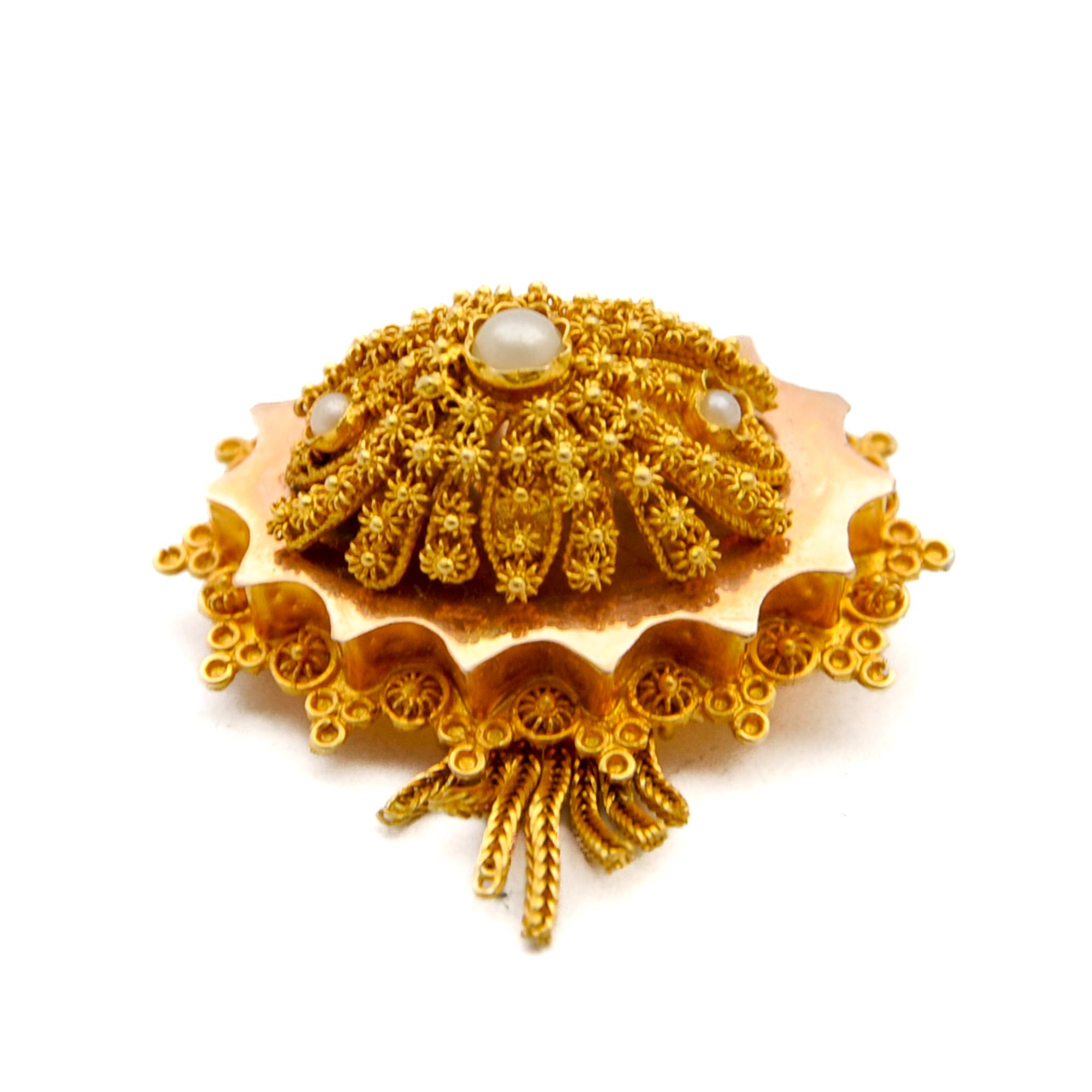 Women's or Men's Antique 14 Karat Rose Gold Seed Pearl Tassel Brooch For Sale