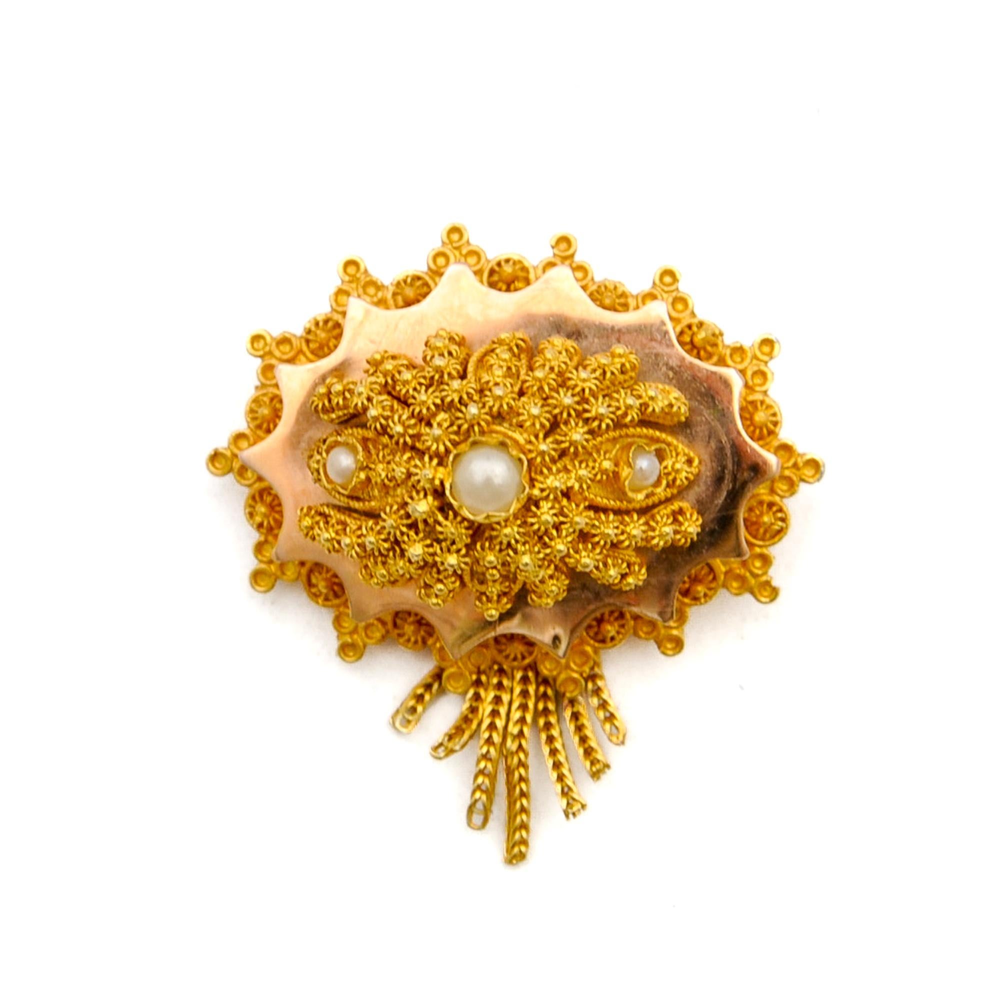 Antique 14 Karat Rose Gold Seed Pearl Tassel Brooch For Sale 1