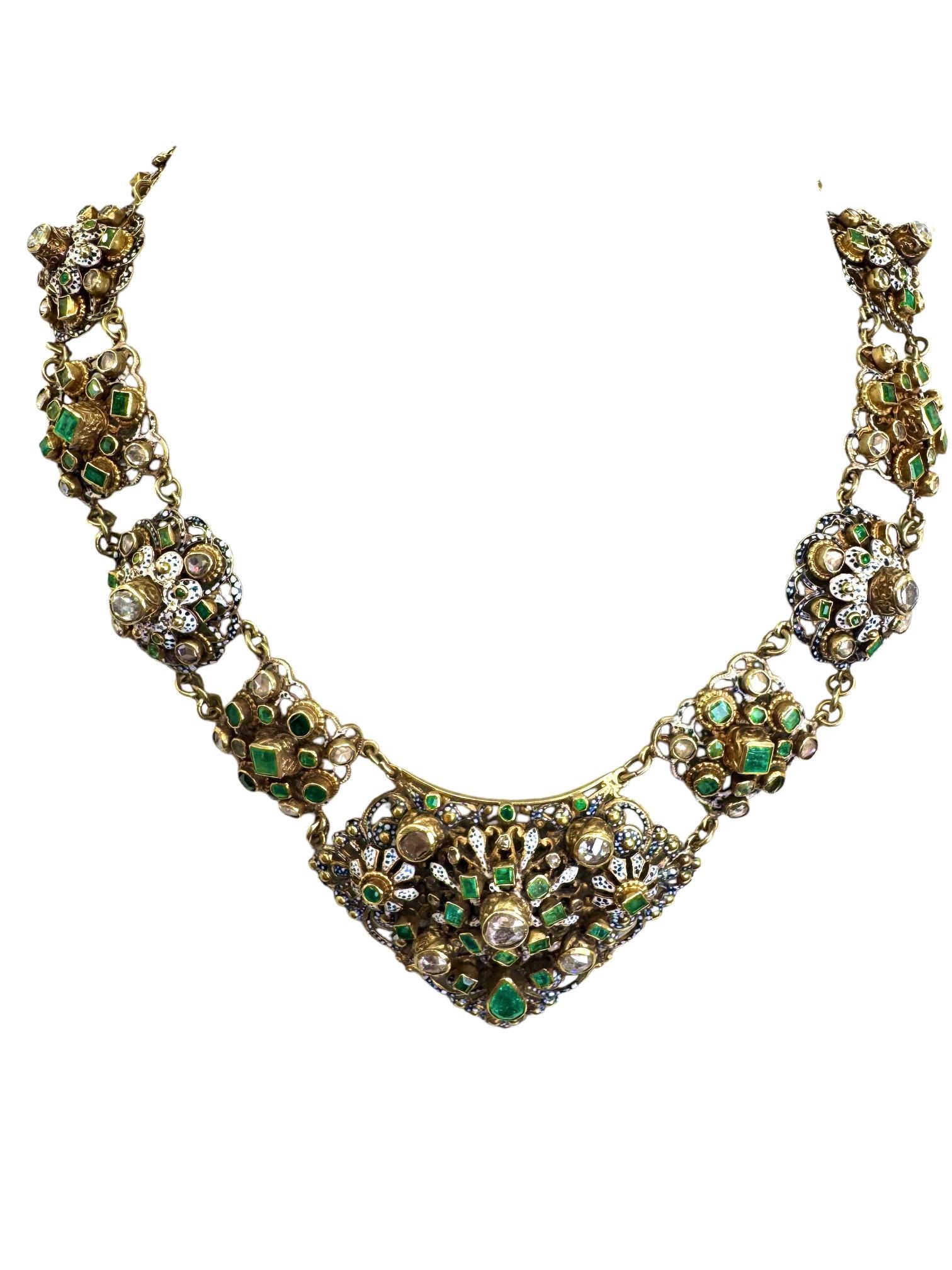 Rose Cut 19th Century 14K & 18K Yellow Gold Enamel Diamond and Emerald Necklace For Sale