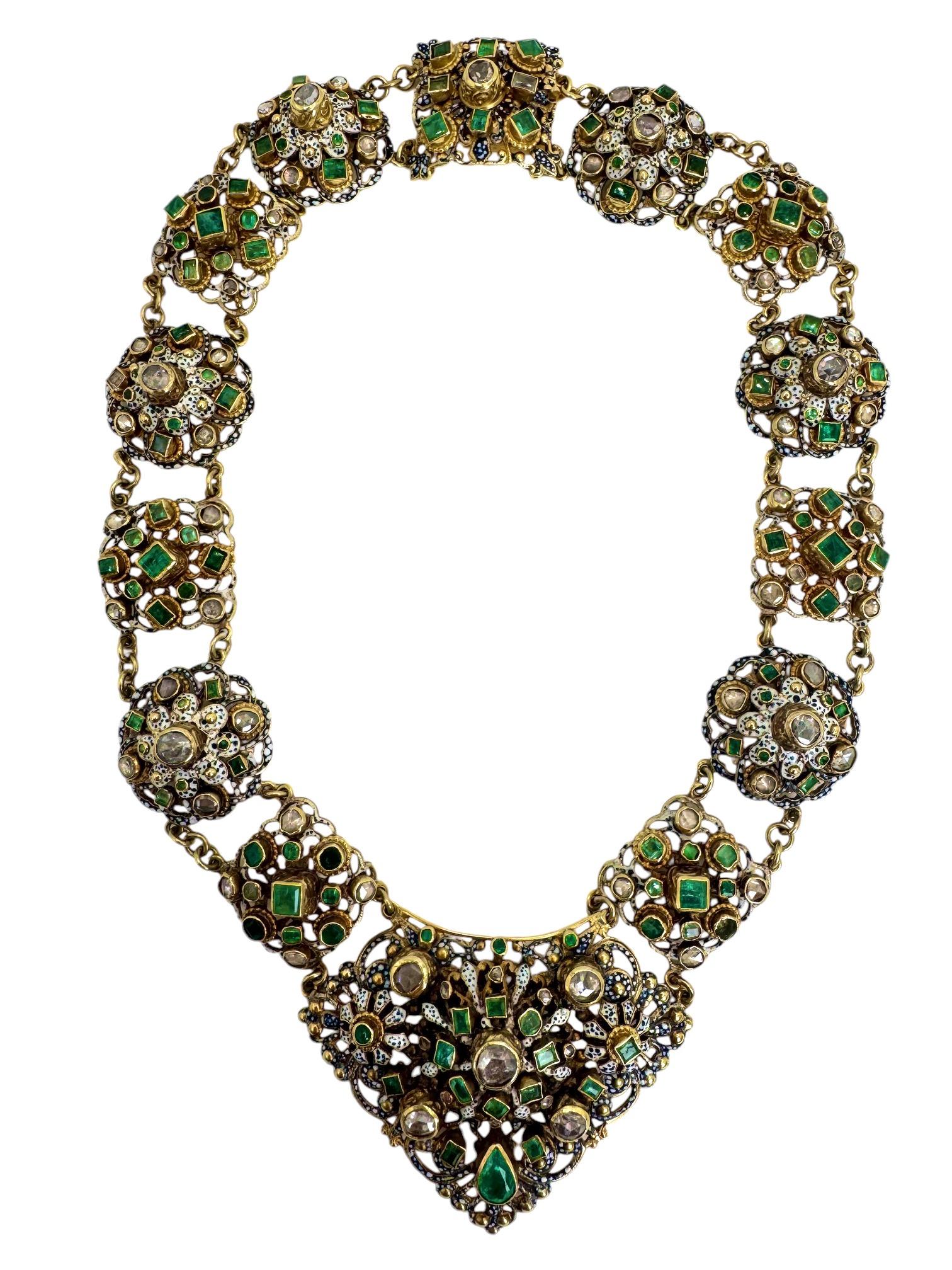 19th Century 14K & 18K Yellow Gold Enamel Diamond and Emerald Necklace In Excellent Condition For Sale In Great Neck Plaza, NY