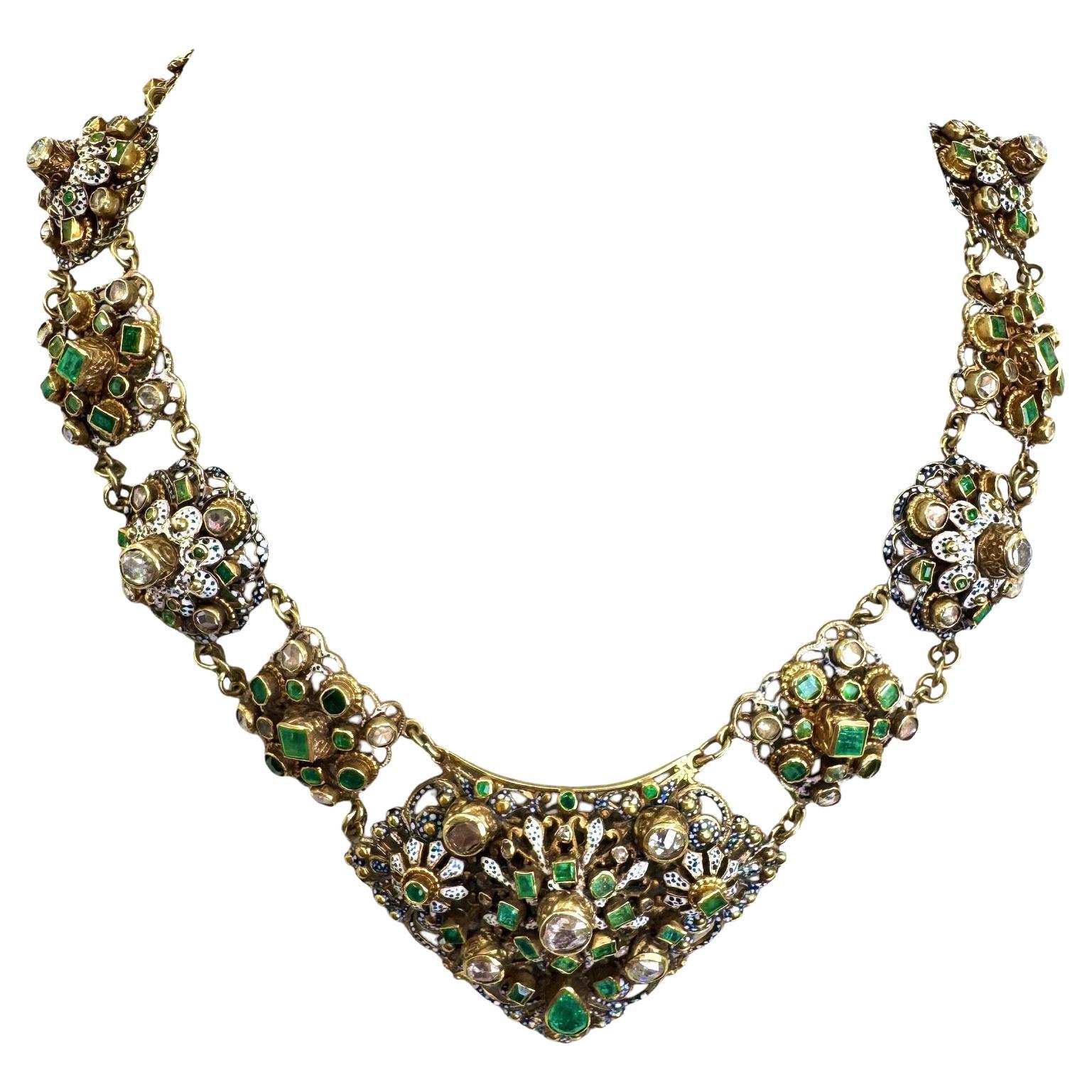19th Century 14K & 18K Yellow Gold Enamel Diamond and Emerald Necklace For Sale