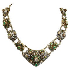 Antique 19th Century 14K & 18K Yellow Gold Enamel Diamond and Emerald Necklace
