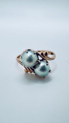 19th Century 14K Rose Gold Duo Pearl Ring, Unisex, 6.4mm Pearls