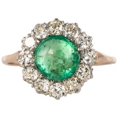 19th Century 1.70 Carat Cabochon Emerald Diamonds 18 Karat Rose Gold Ring