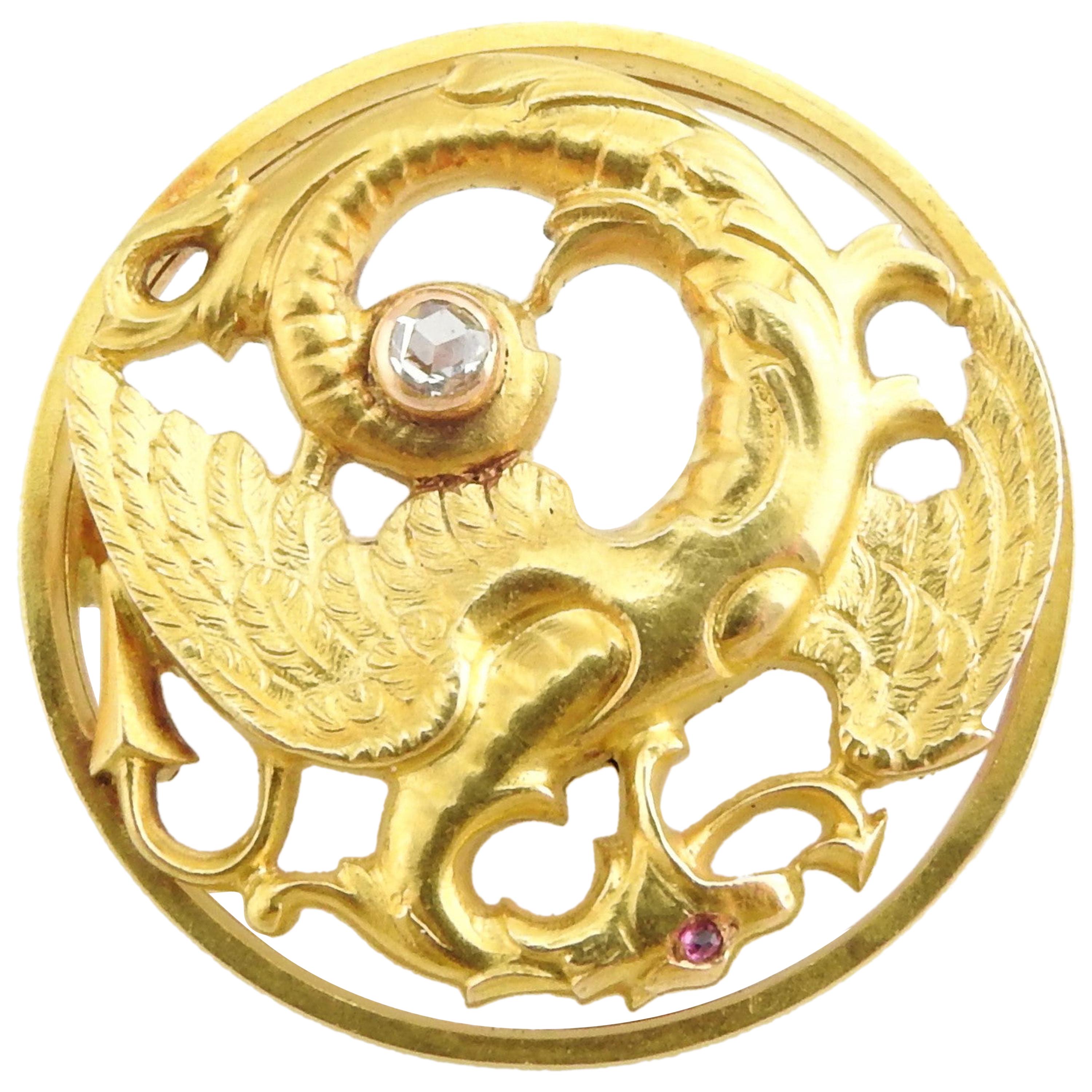 19th Century 18 Karat Gold Griffin Dragon Rose Cut Diamond Ruby Brooch