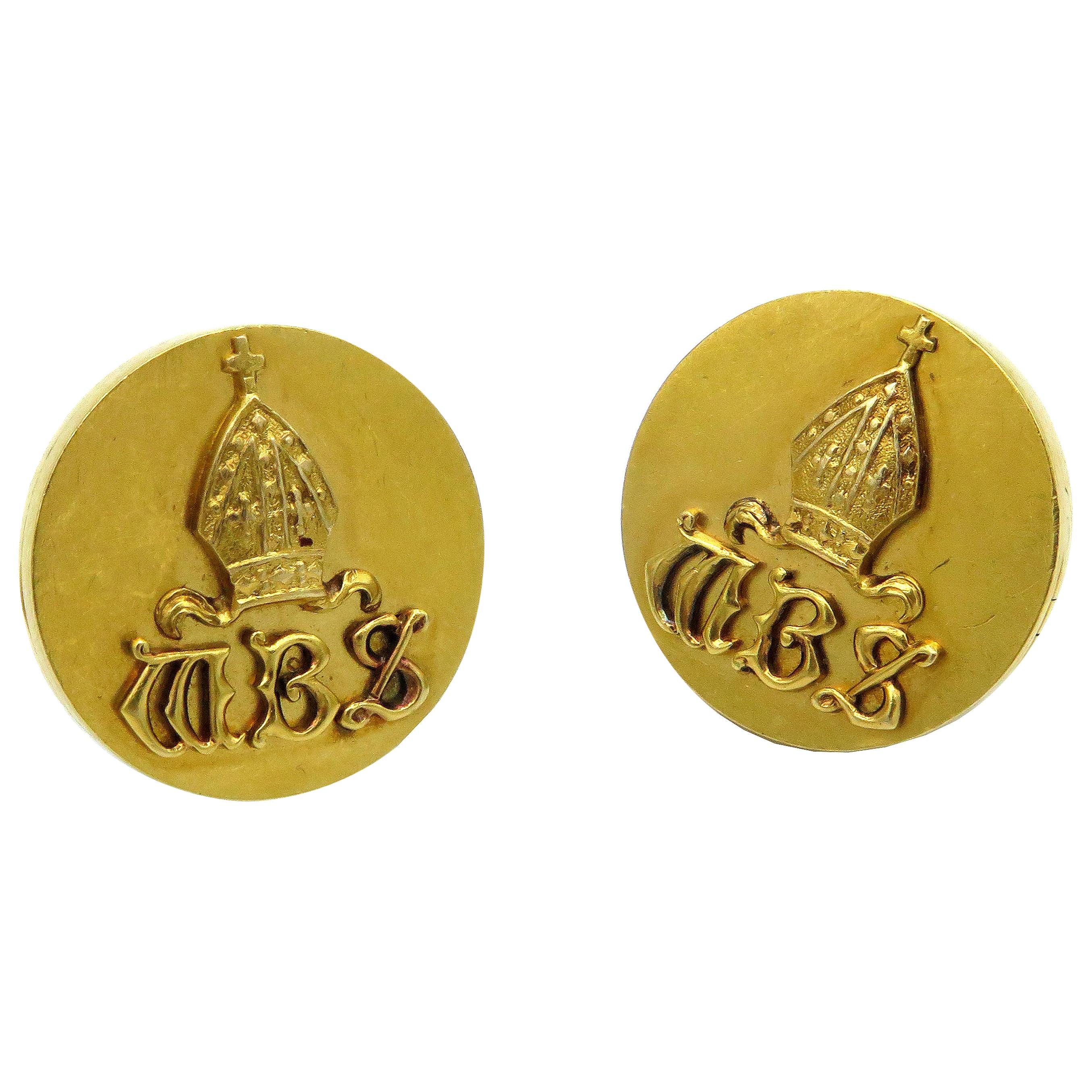 19th Century 18 Karat Gold MBS Engraved Bishop Lcket Style Bishops Cufflinks For Sale